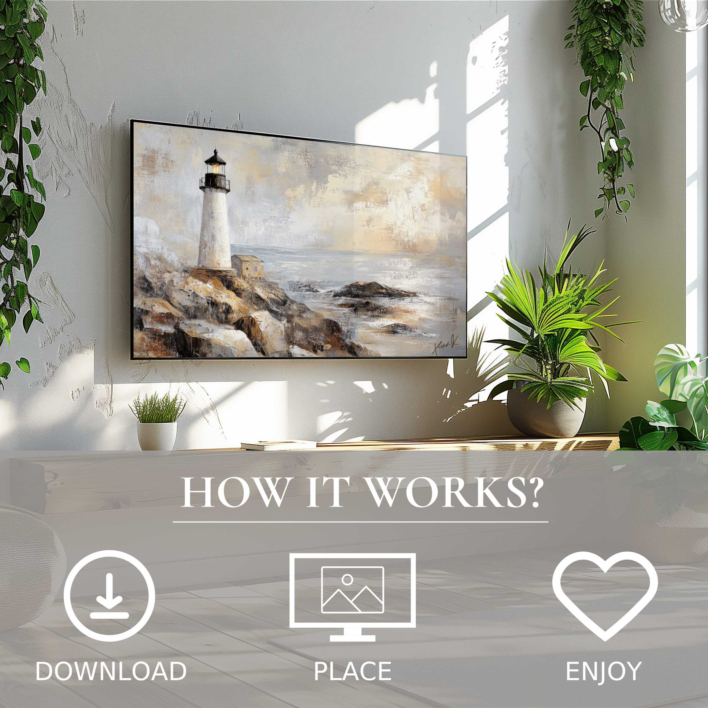 Minimalist living room with coastal art for Samsung TV, featuring soft sunset tones Easy digital download enriches space