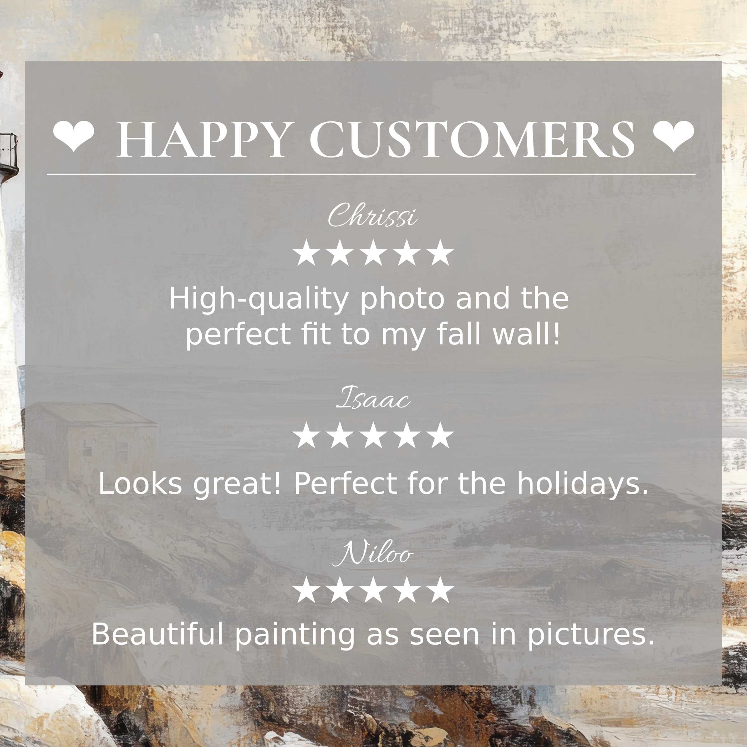 Elegant coastal art for Frame TV with abstract sunset hues, featuring glowing reviews from happy customers