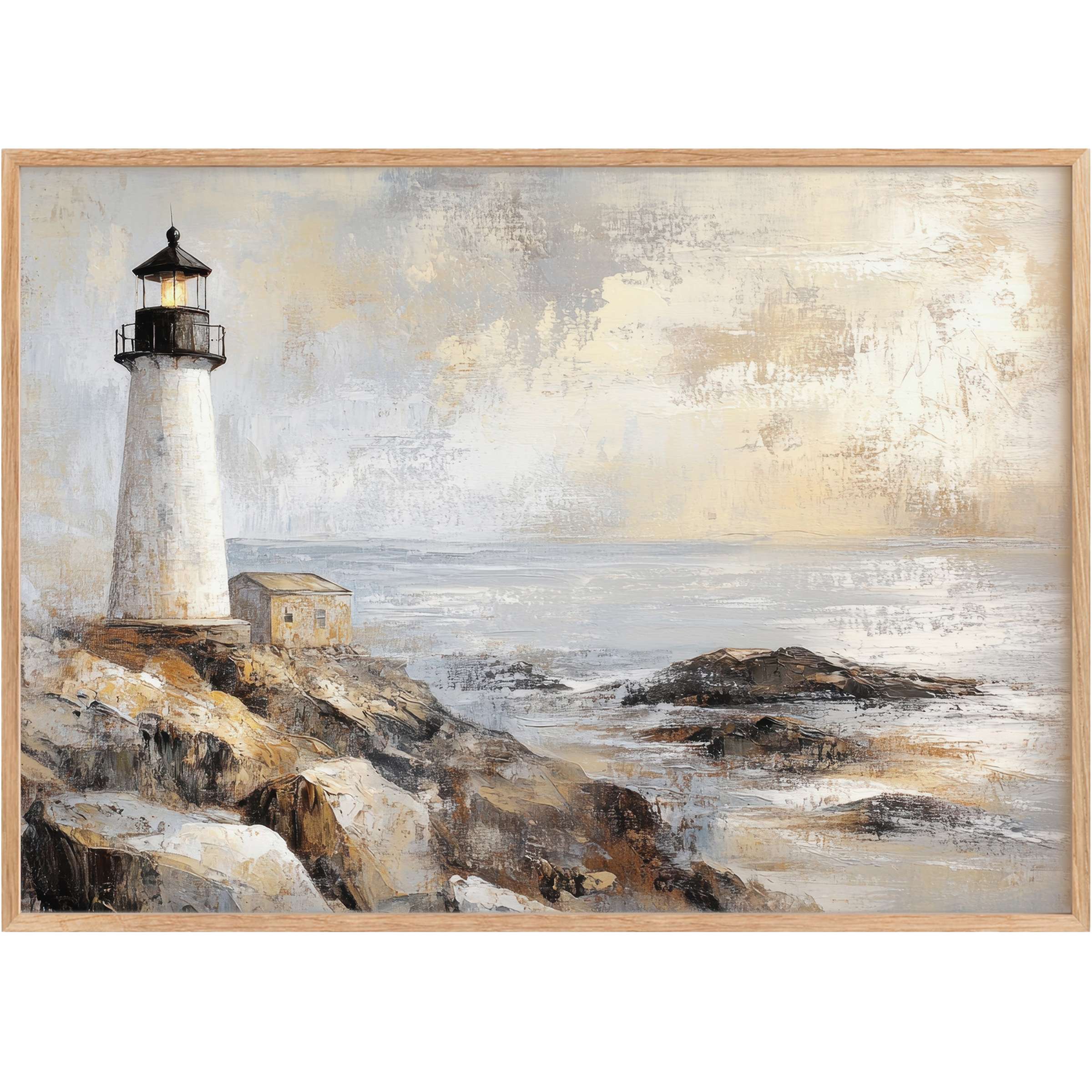 Coastal printable wall art capturing a serene lighthouse with soft sandy hues and calming ocean blues, evoking tranquil coastal elegance