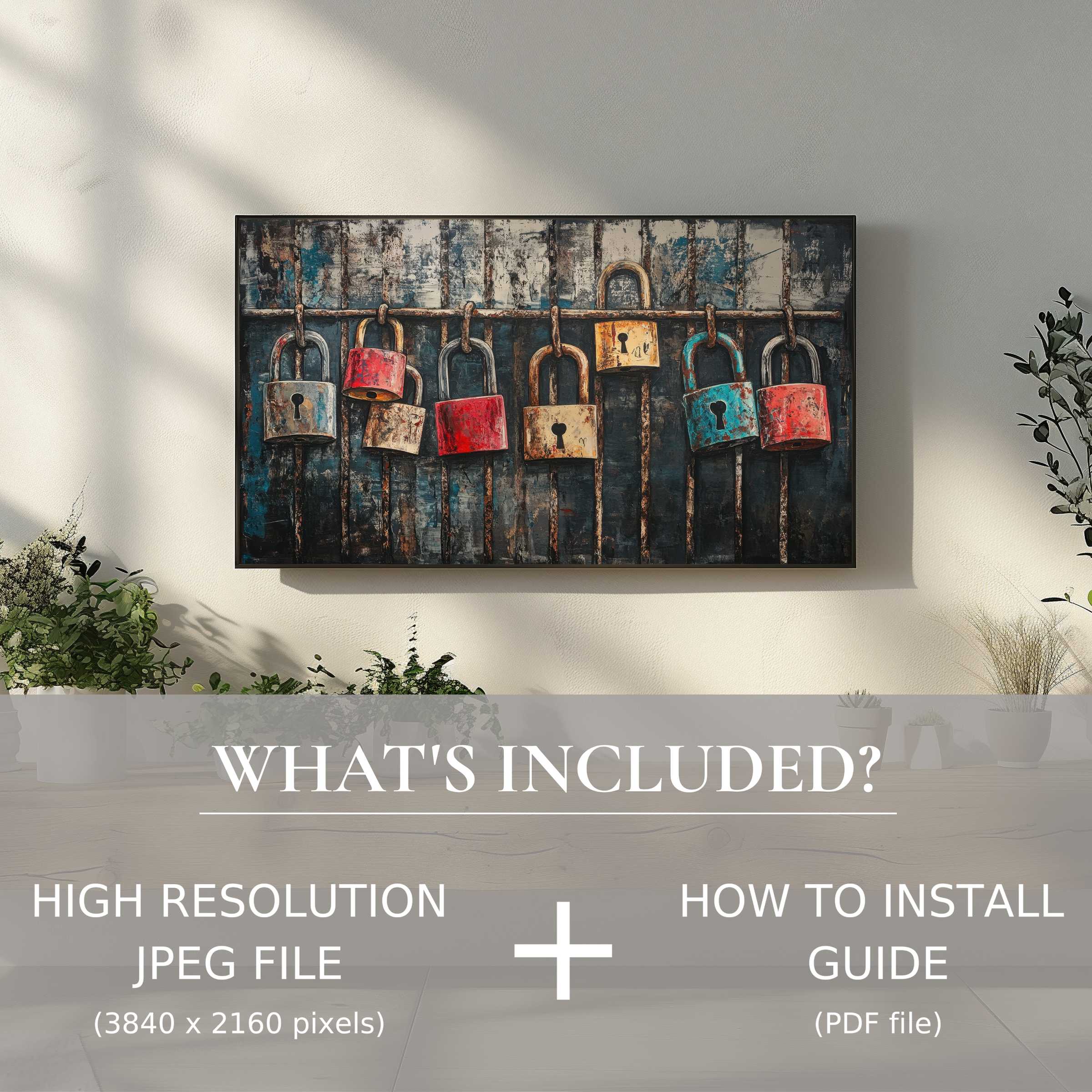 Modern living space enhanced by street art digital TV art download, featuring easy-to-use high-res digital artwork