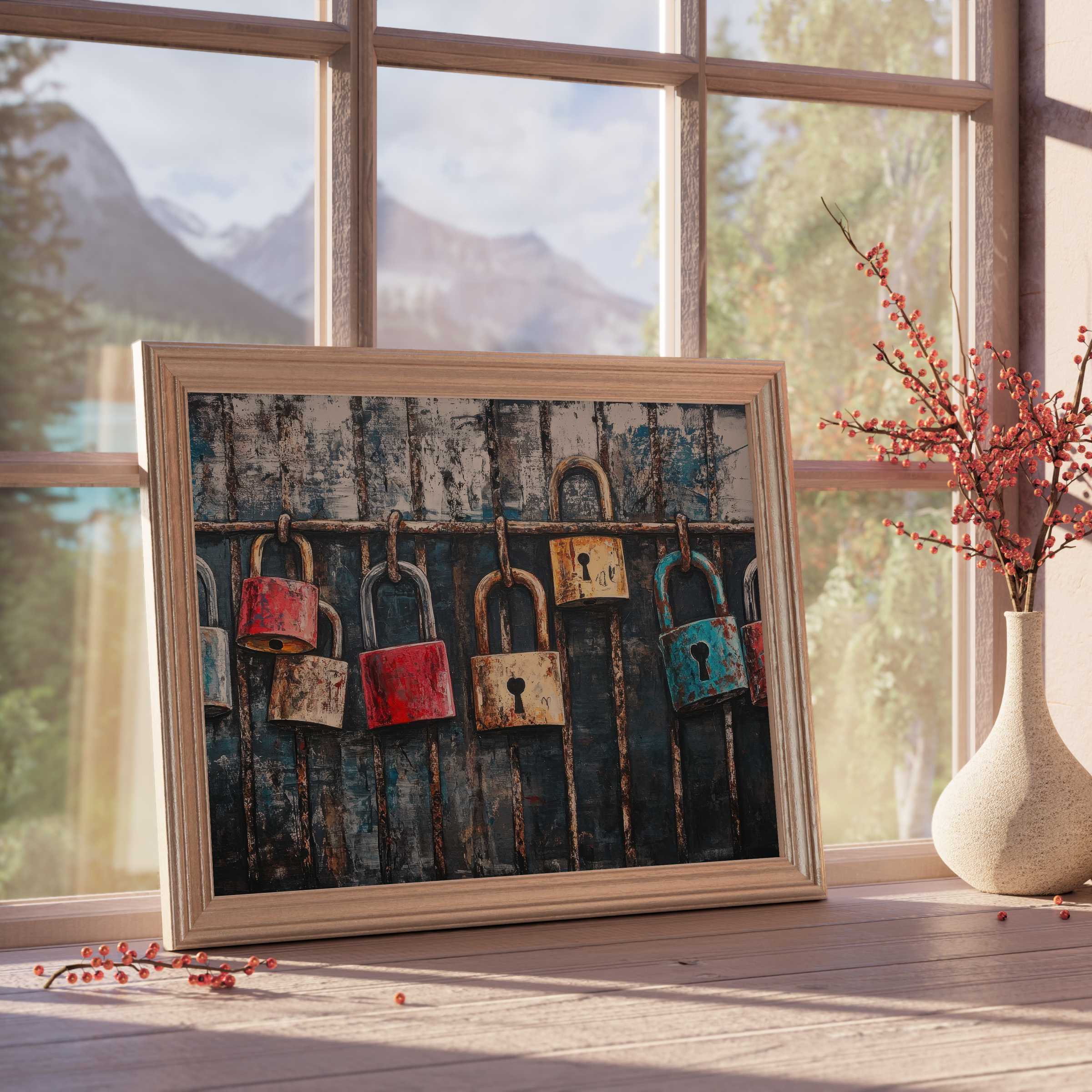 Rustic street art downloadable art featuring weathered locks, evoking vintage charm and curated, warm interiors