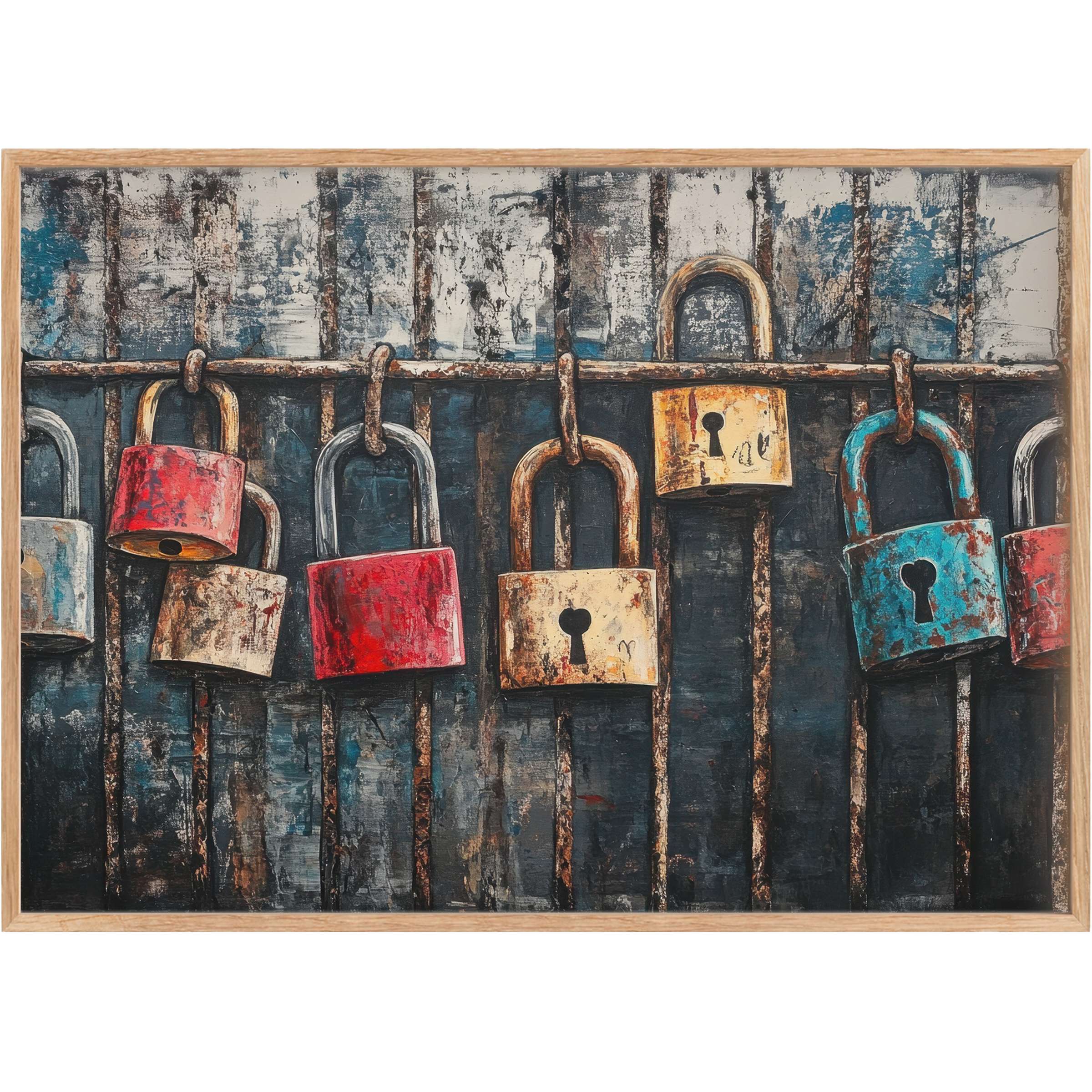 Rustic street art printable wall art with vibrant red, turquoise, and ochre locks evokes a bold, gritty urban mood