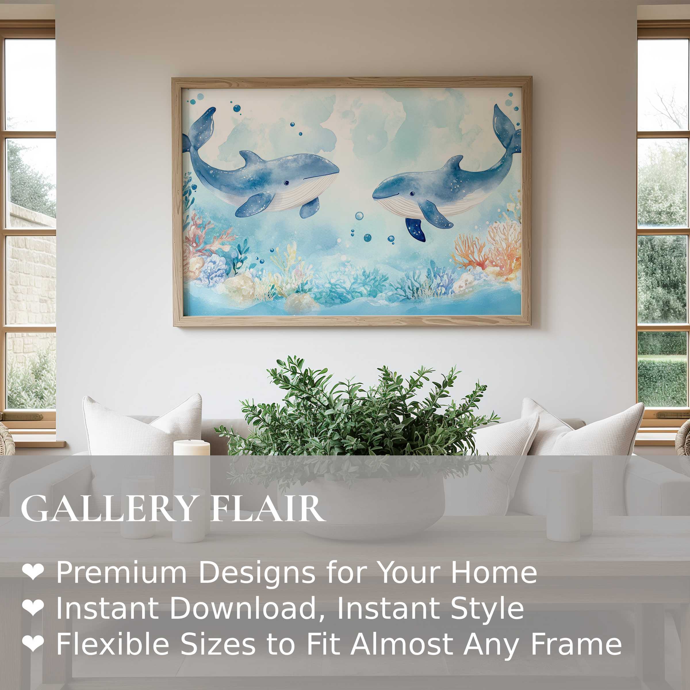 Nursery wall art print featuring serene watercolor whales in soft blues, enhancing calming coastal nursery décor with gentle charm