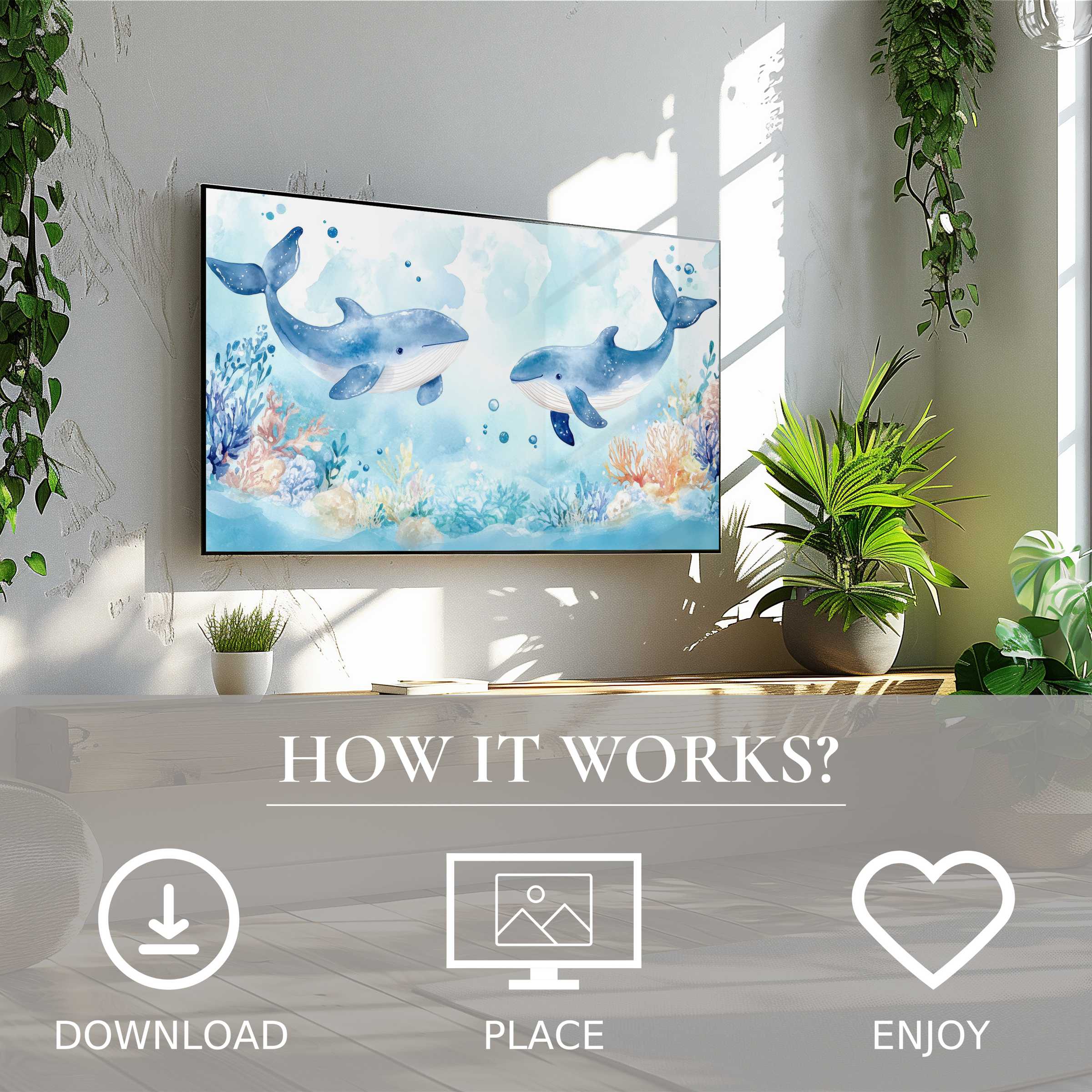 Nursery art for Samsung TV with soft blue whale motif, easy digital download enriching modern nursery space
