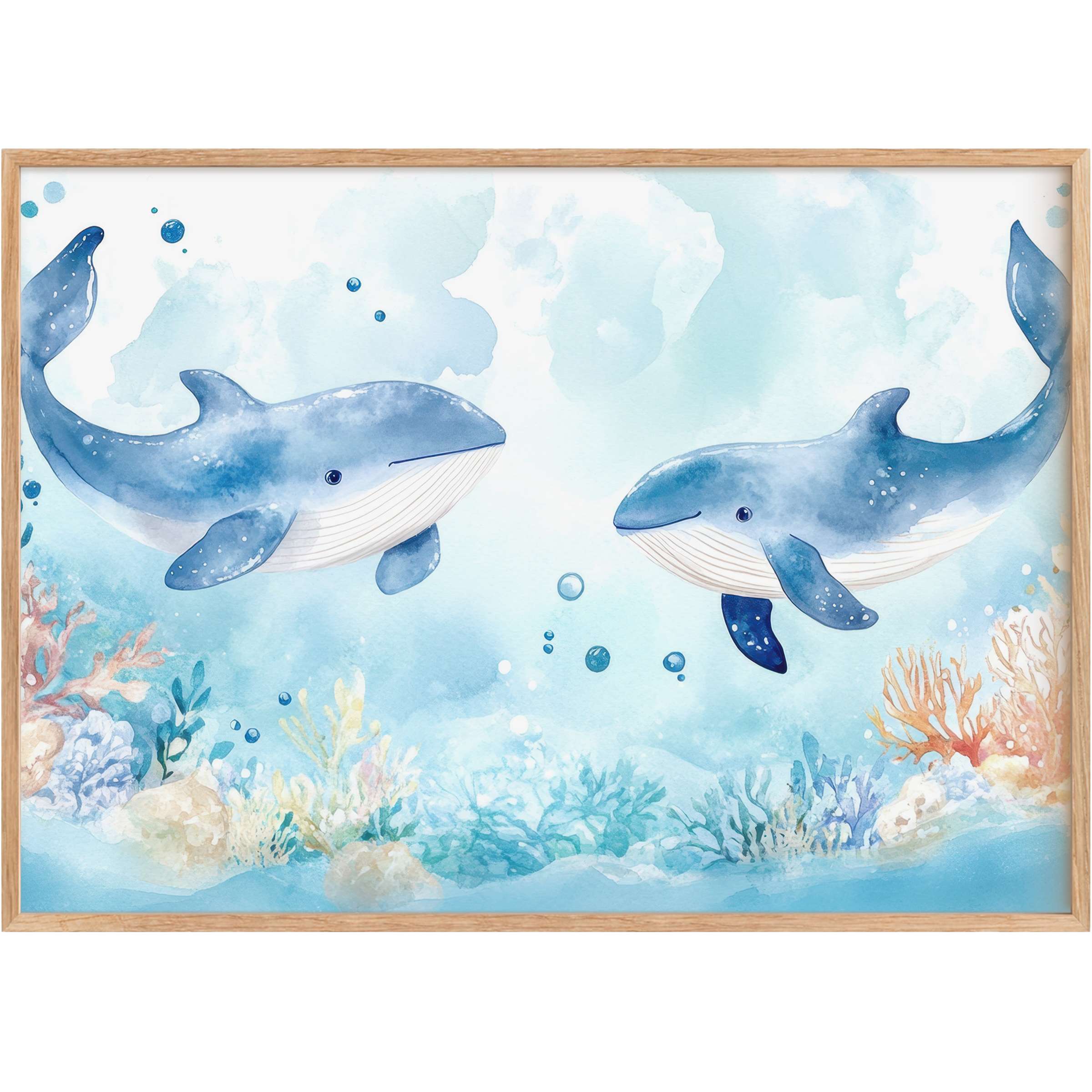 Serene nursery printable wall art featuring gentle blue whales and soft coral hues, evoking calm, oceanic tranquility