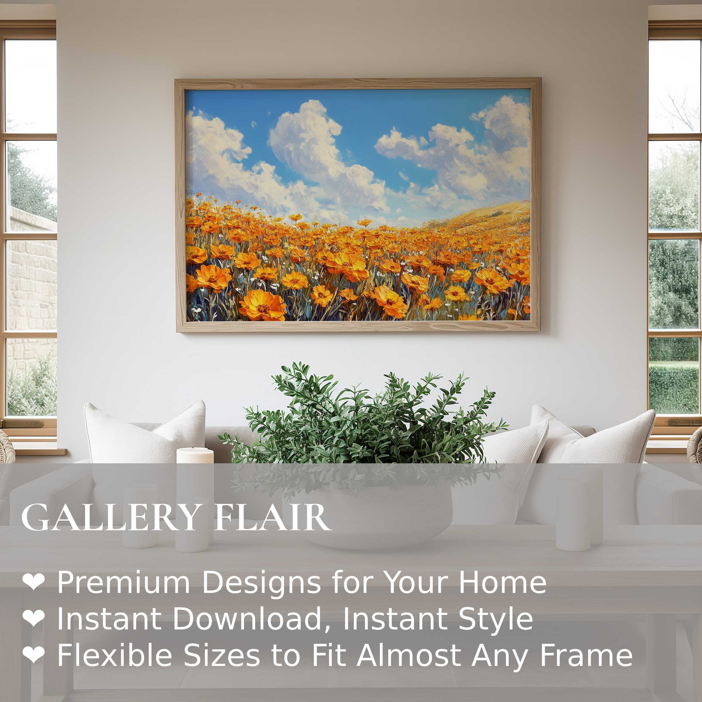 Radiant floral wall art print featuring vibrant orange blossoms under a bright blue sky, enhancing serene modern living spaces