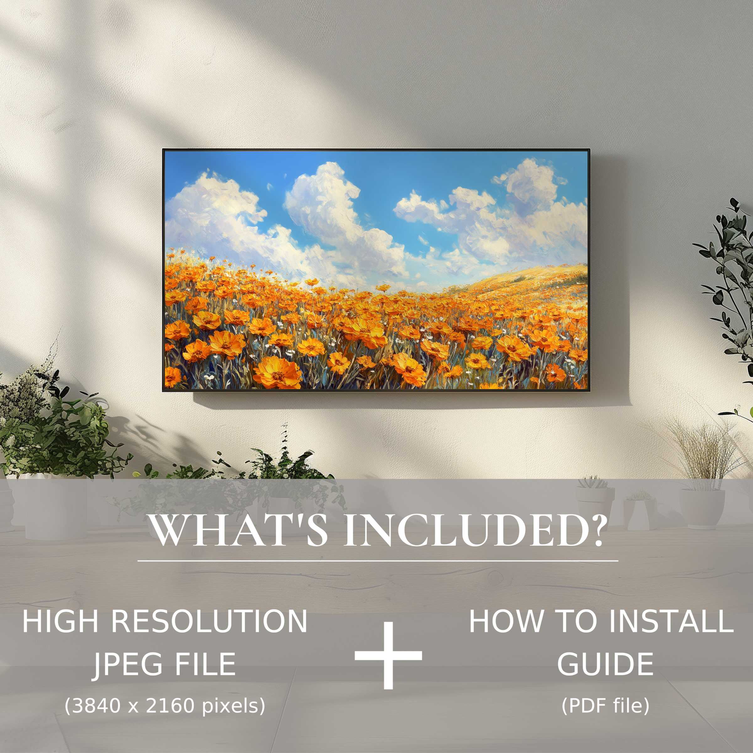 Elegant floral digital TV art download showcasing vibrant blooms, easily enhancing modern living spaces with digital simplicity