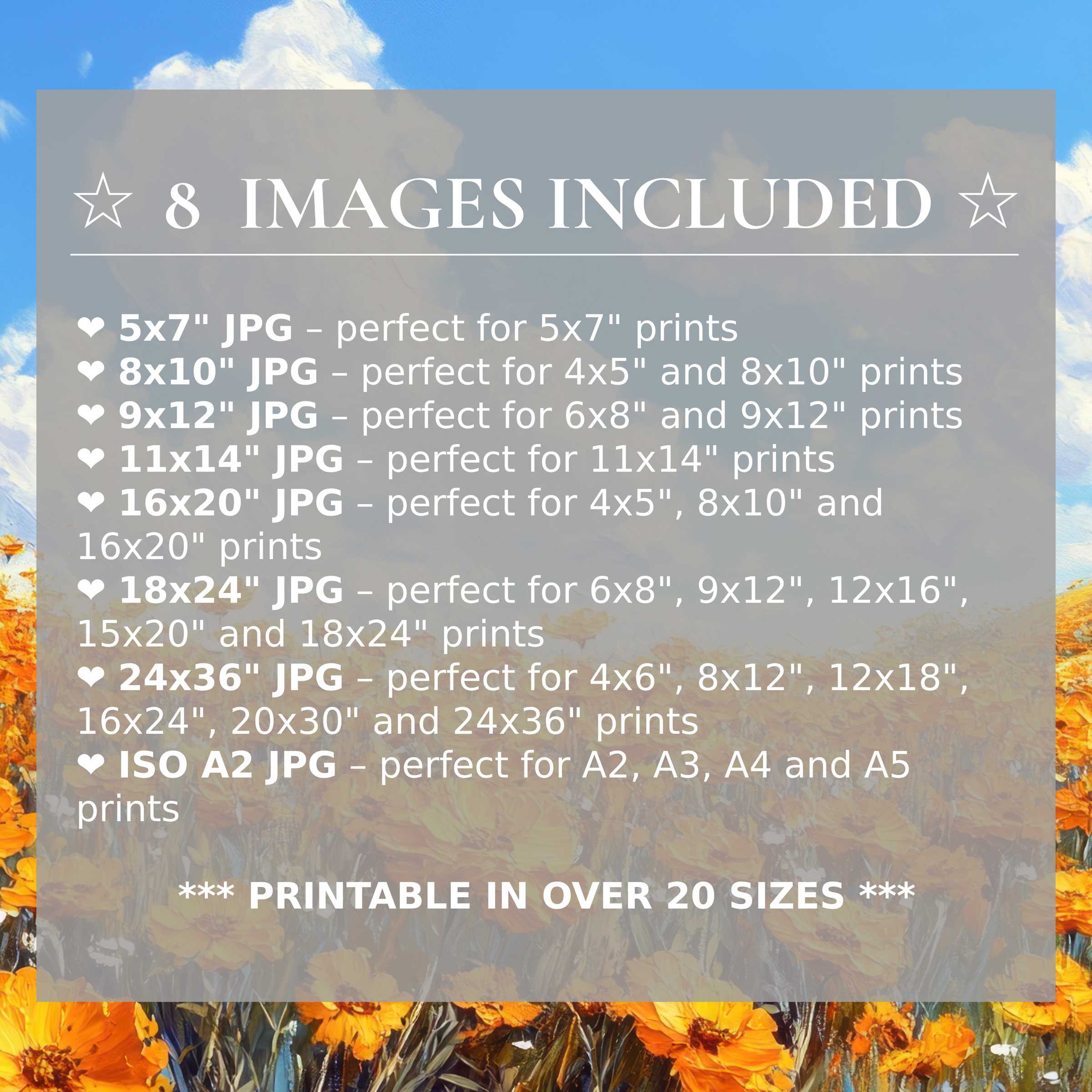 Floral digital print exudes radiant yellow and calming blue tones, included in 8 high-quality sizes to elevate modern interiors with versatile style