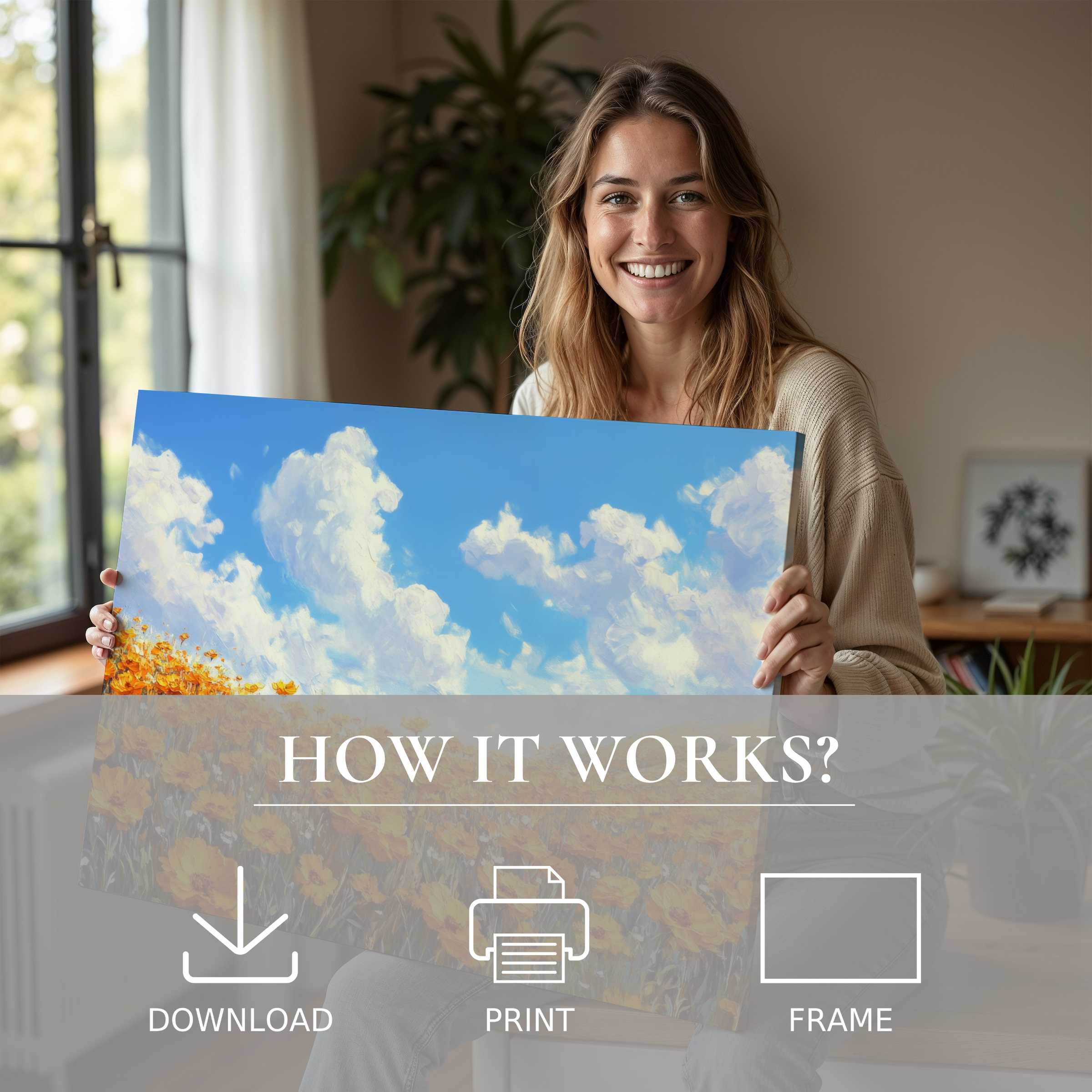 A joyful moment in a modern home as floral digital art print radiates warmth and effortless elegance, inspiring connection