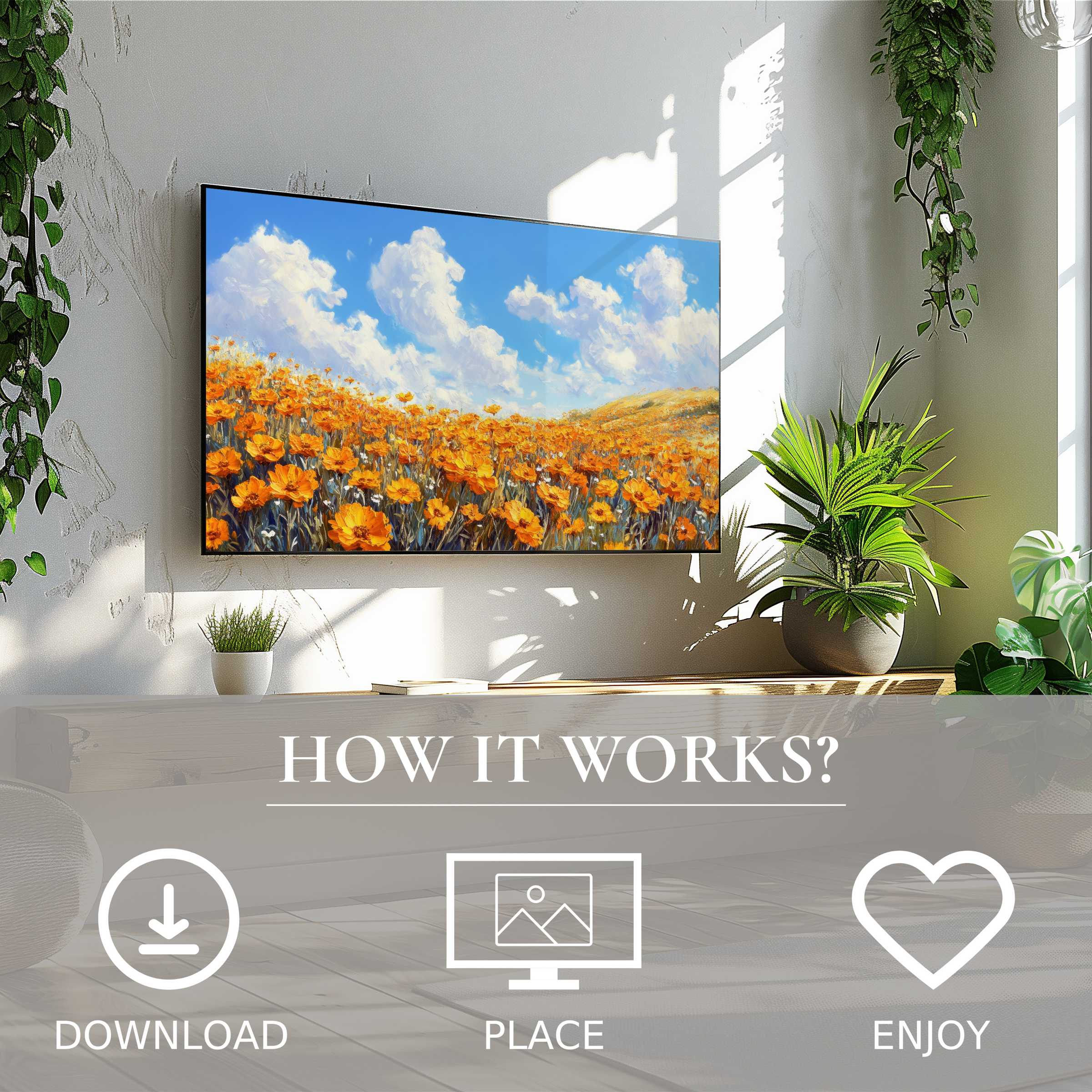 Floral art for Samsung TV features vibrant orange blooms and soft sky tones, easy digital download enriches your space