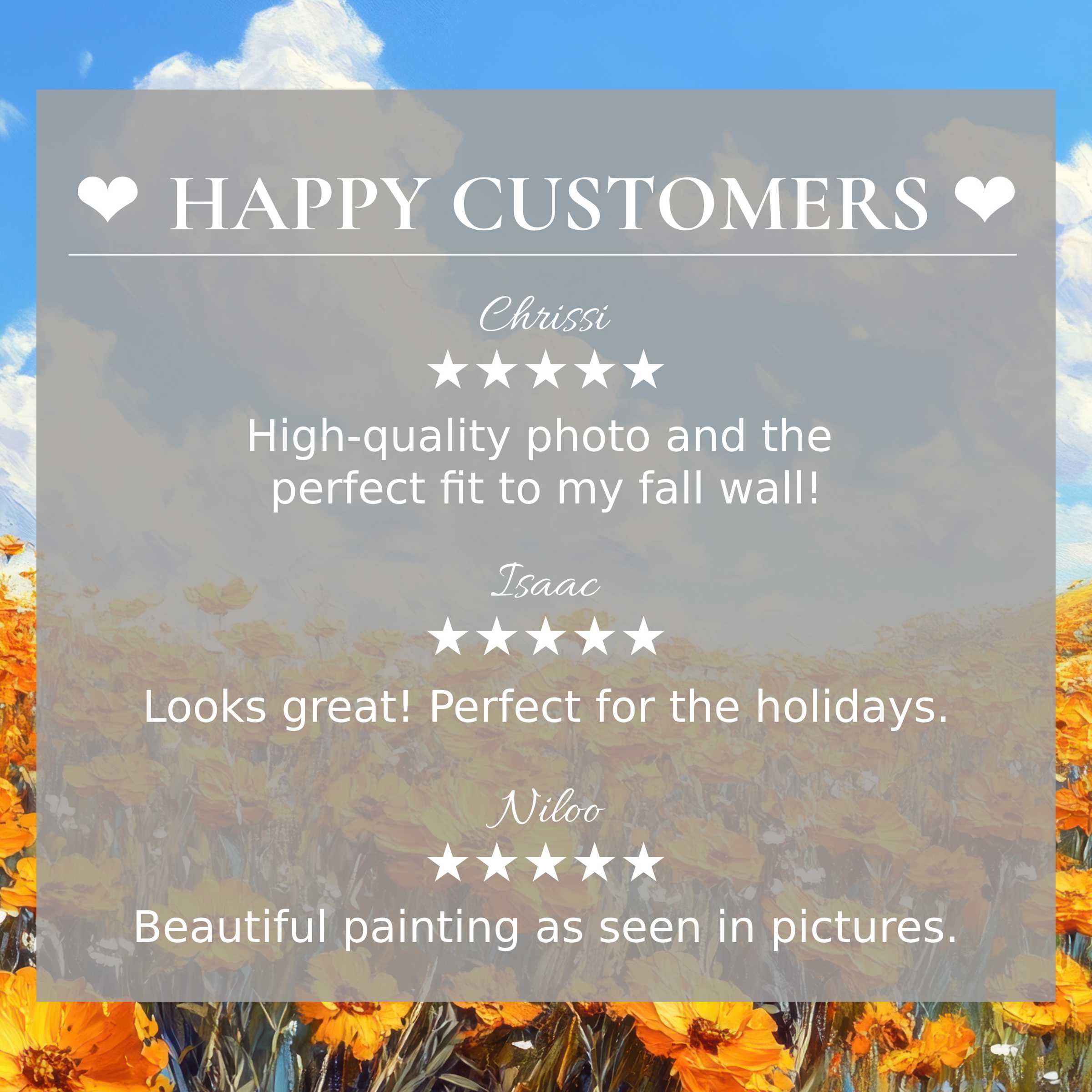 Floral art for Frame TV with abstract sunset hues, showcasing happy customer reviews and elegant trust-building design