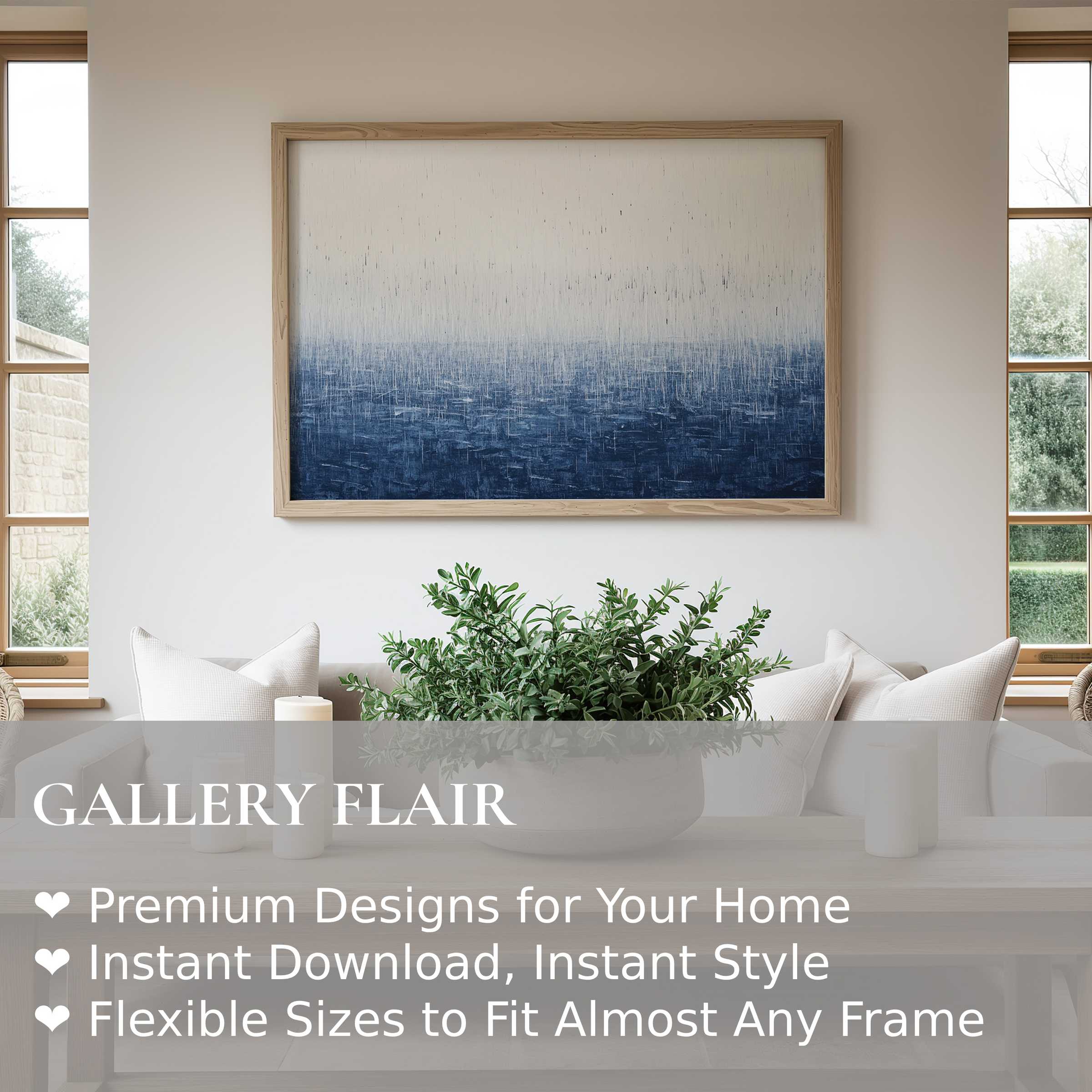 Minimalist wall art print with textured navy gradient evokes calm, contemporary elegance in a serene, nature-inspired modern living space