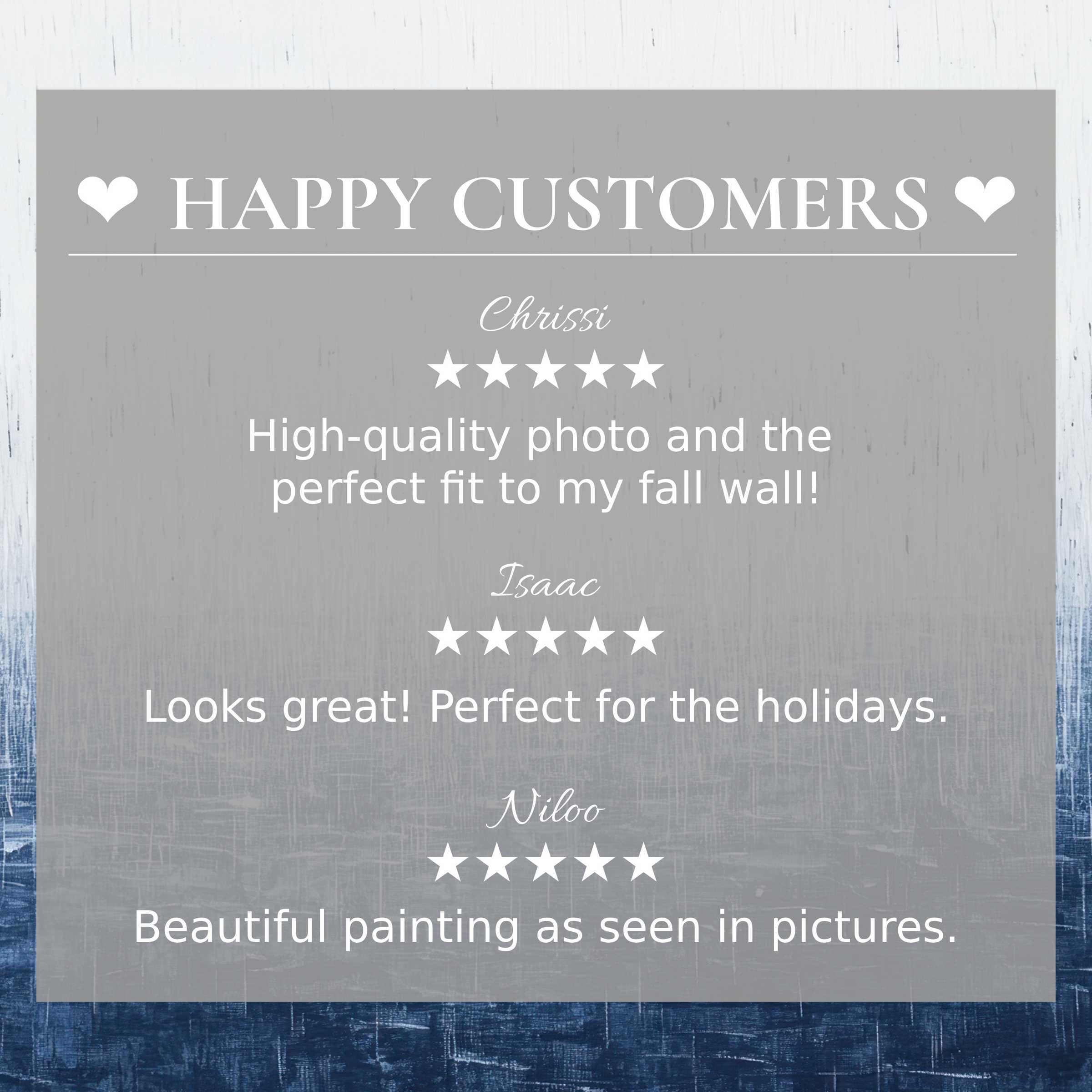 Minimalist art for Frame TV with abstract blue gradient, showcasing happy customer reviews to inspire trust and elegance