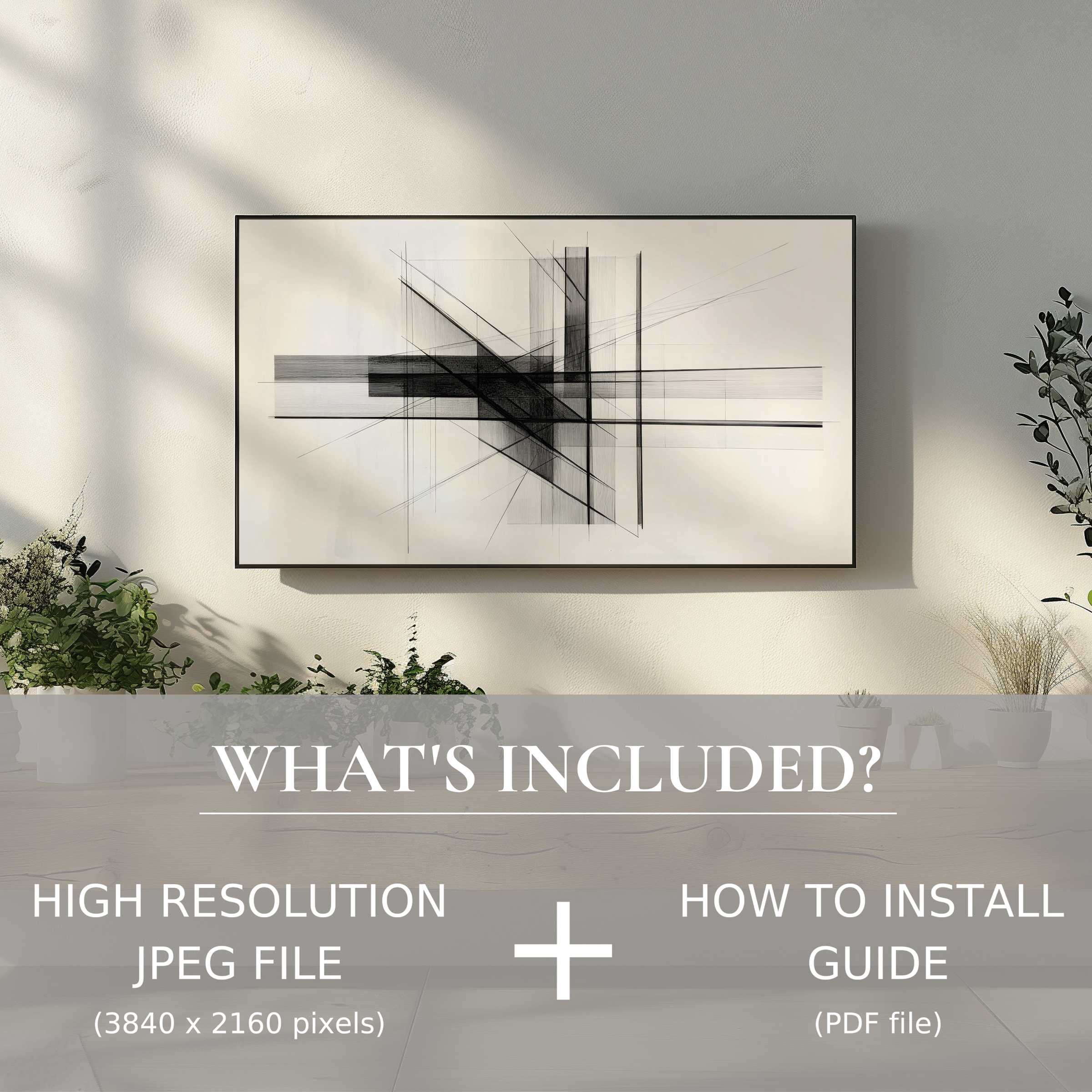 Modern digital TV art download with abstract lines enhances chic spaces; easy digital use and installation guide included