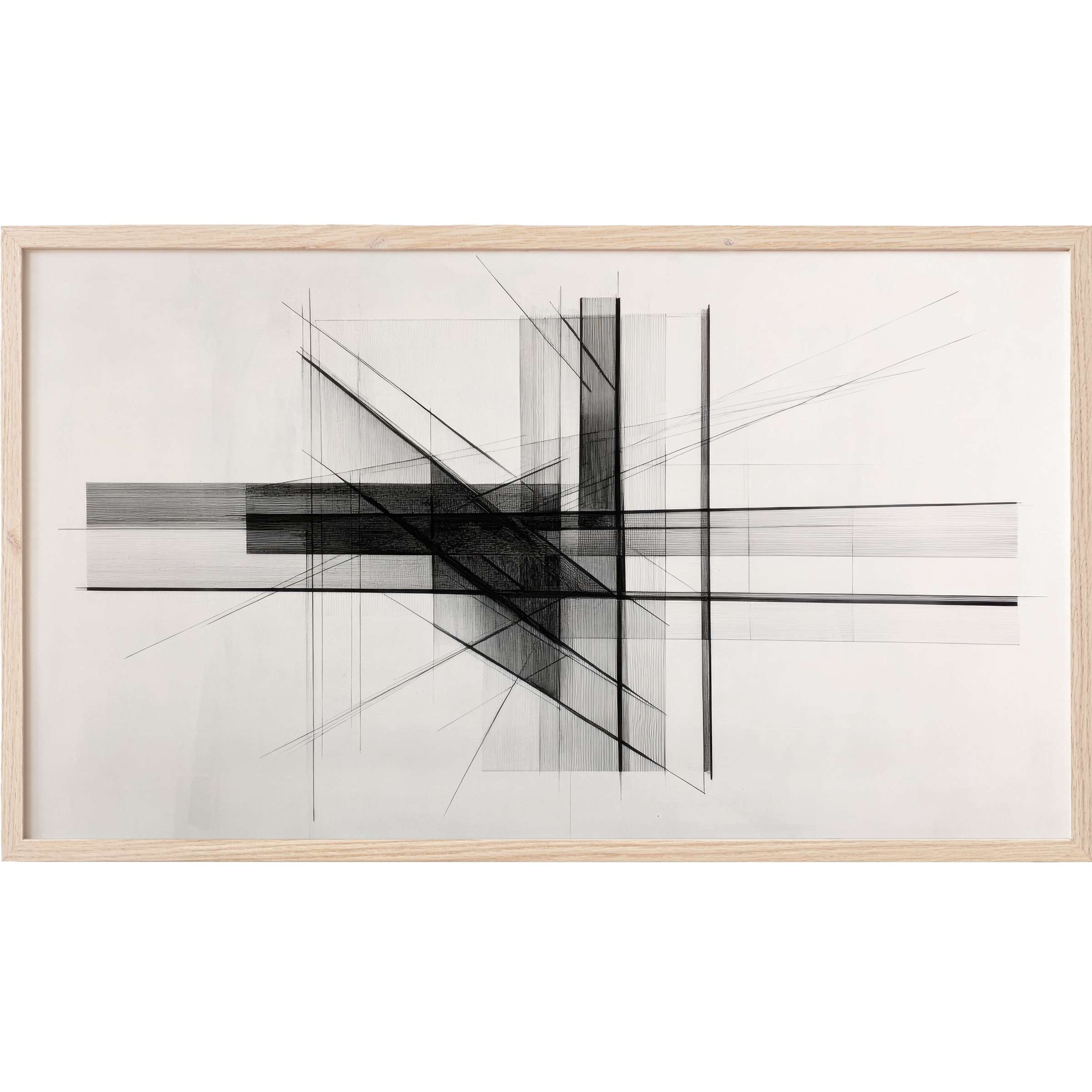 Modern Frame TV Art with intersecting black lines and translucent shades, creating a sleek, minimalist geometric design