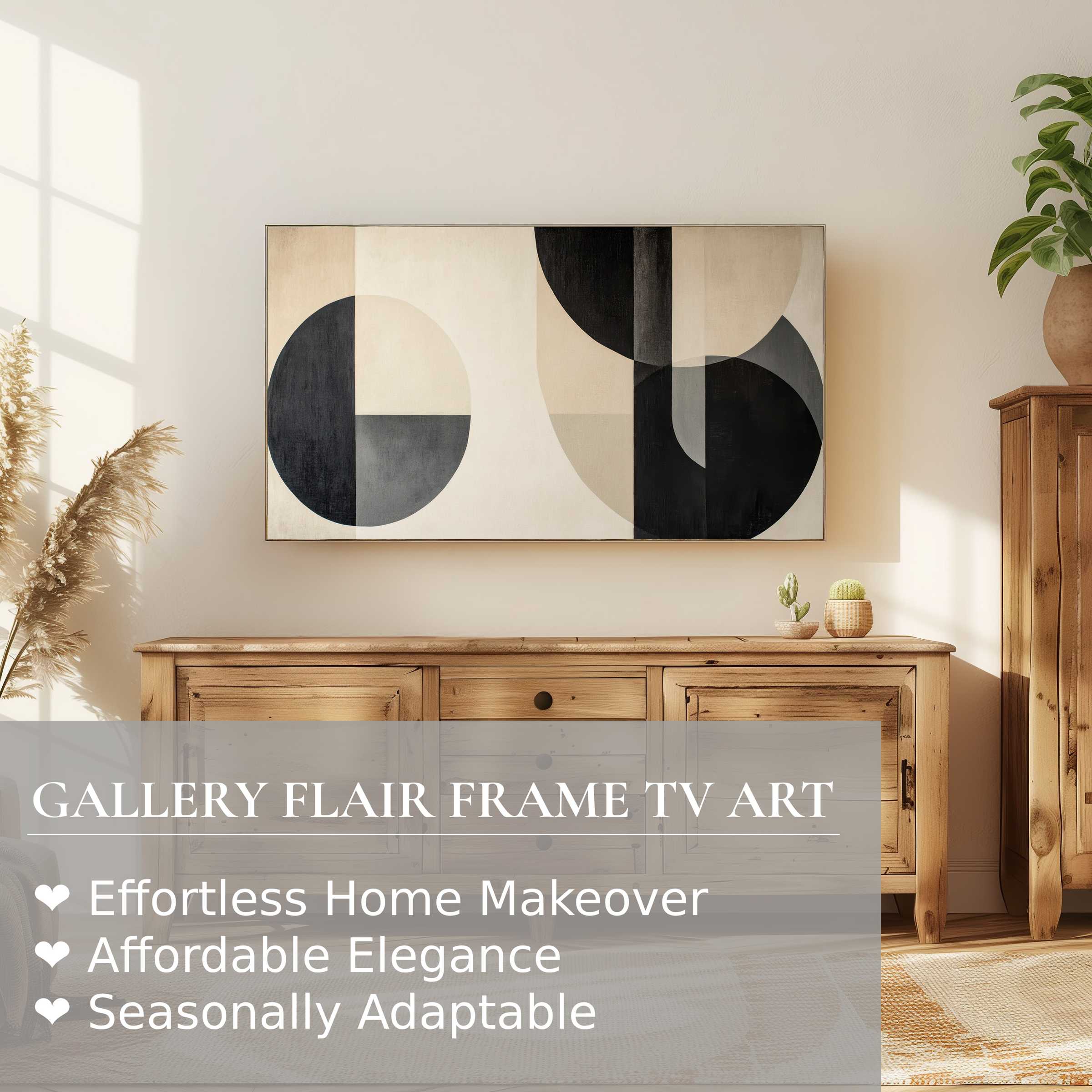 Samsung Frame TV displaying neutral digital artwork with geometric shapes in a warm, modern living room setting