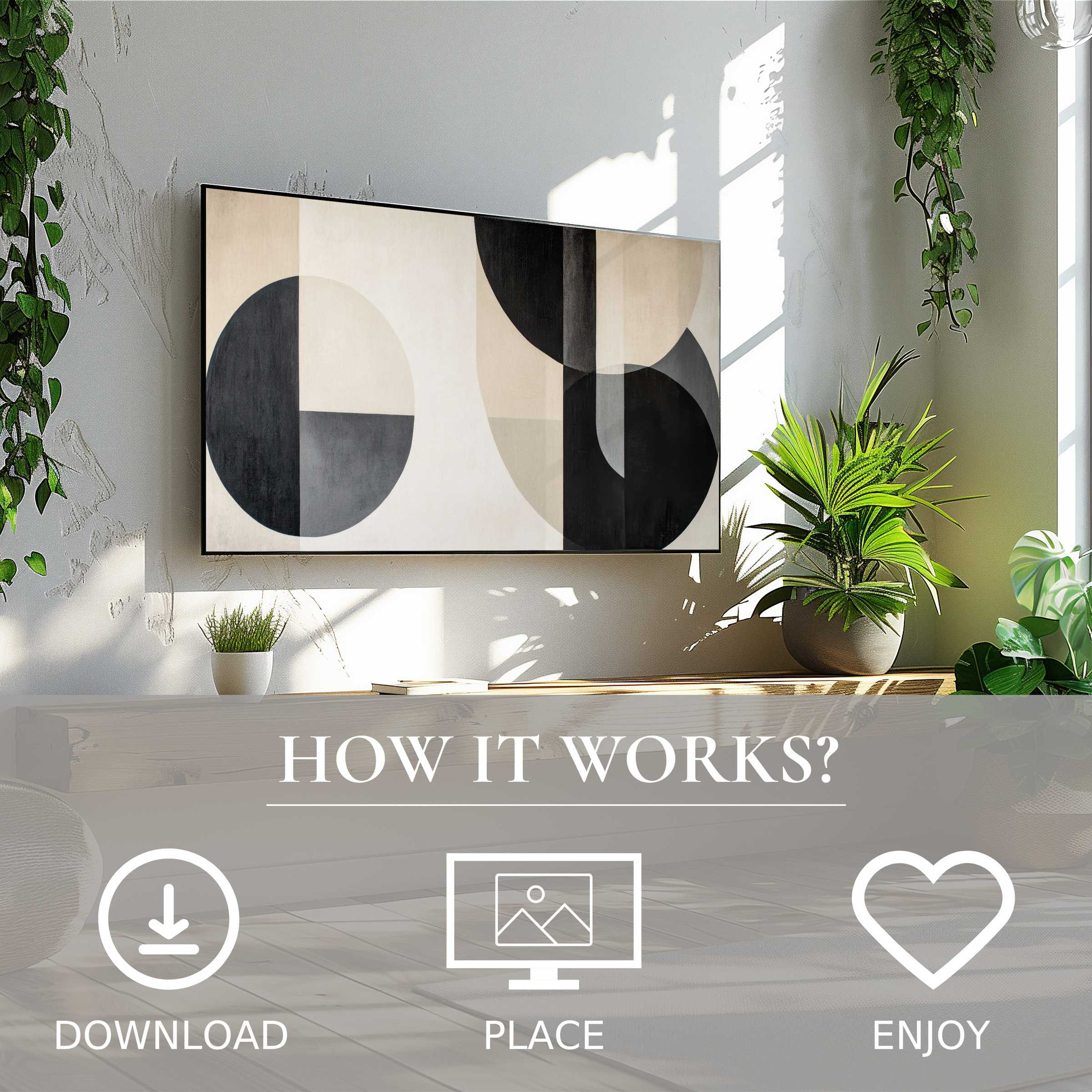 Neutral art for Samsung TV shows minimalist geometric motifs in soft beige and black tones; easy digital download enriches space