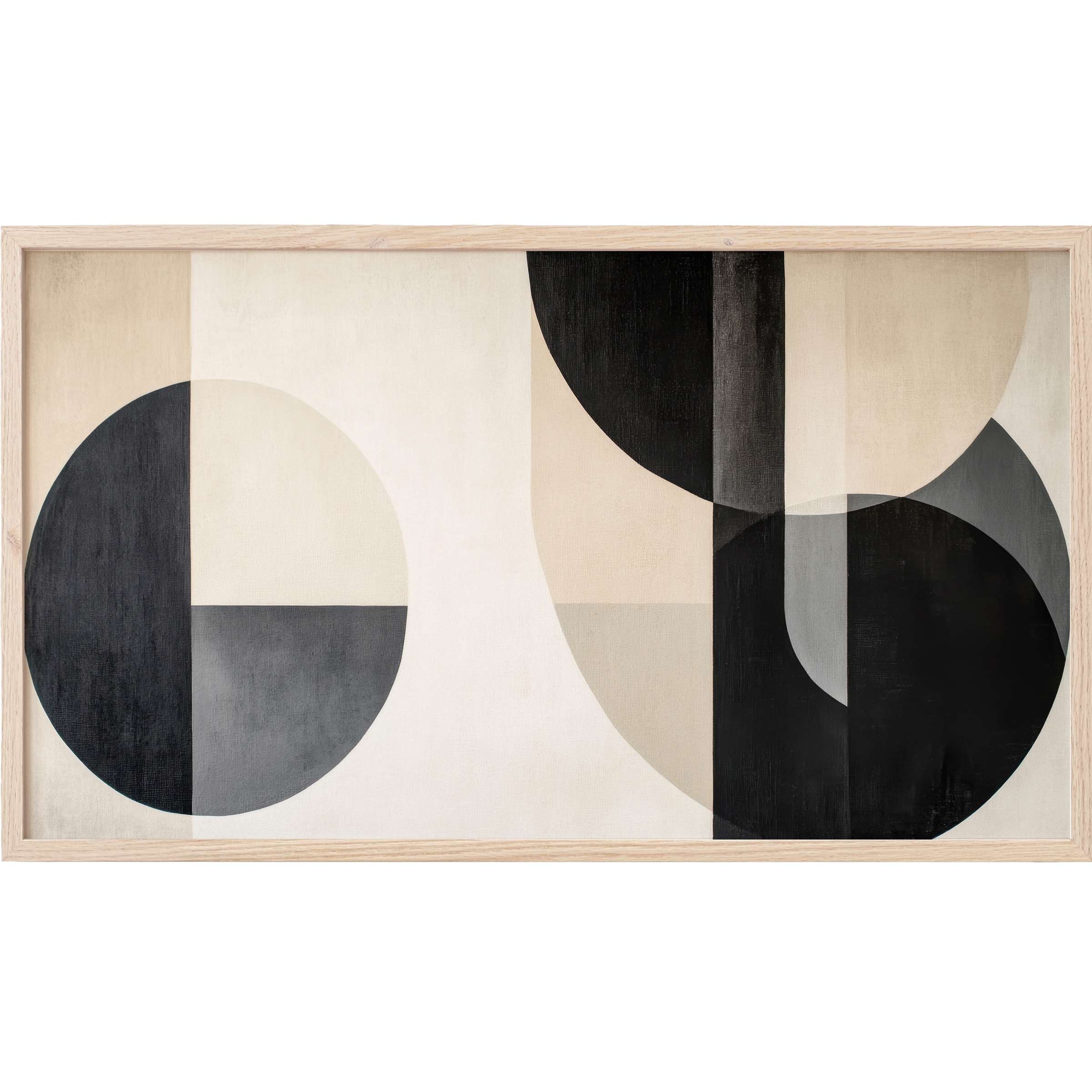 Elegant abstract circles in muted beige, black, and gray tones with a soft wood frame, neutral Frame TV Art