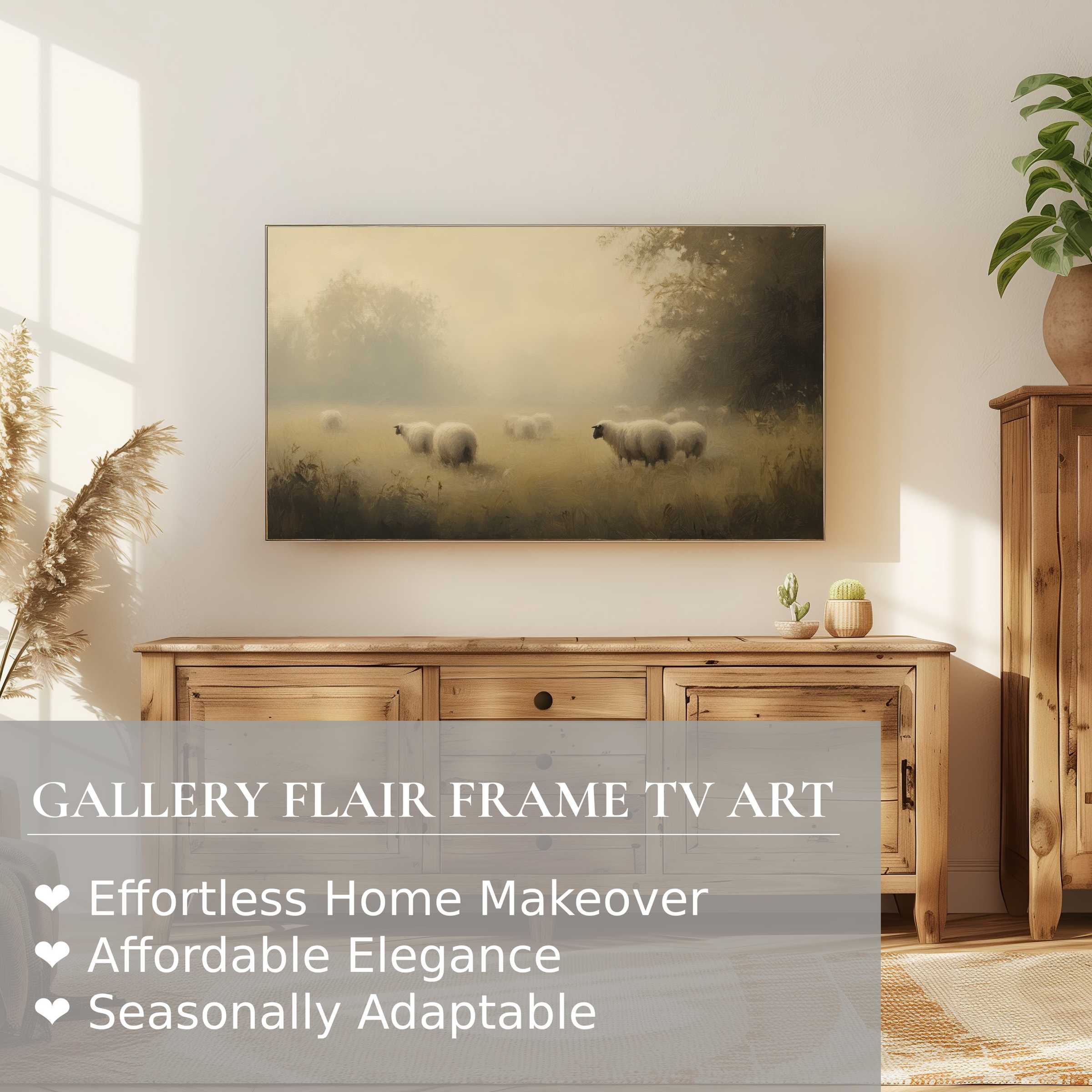 Samsung Frame TV displaying serene farmhouse digital artwork of misty sheep field in elegant, modern natural living space