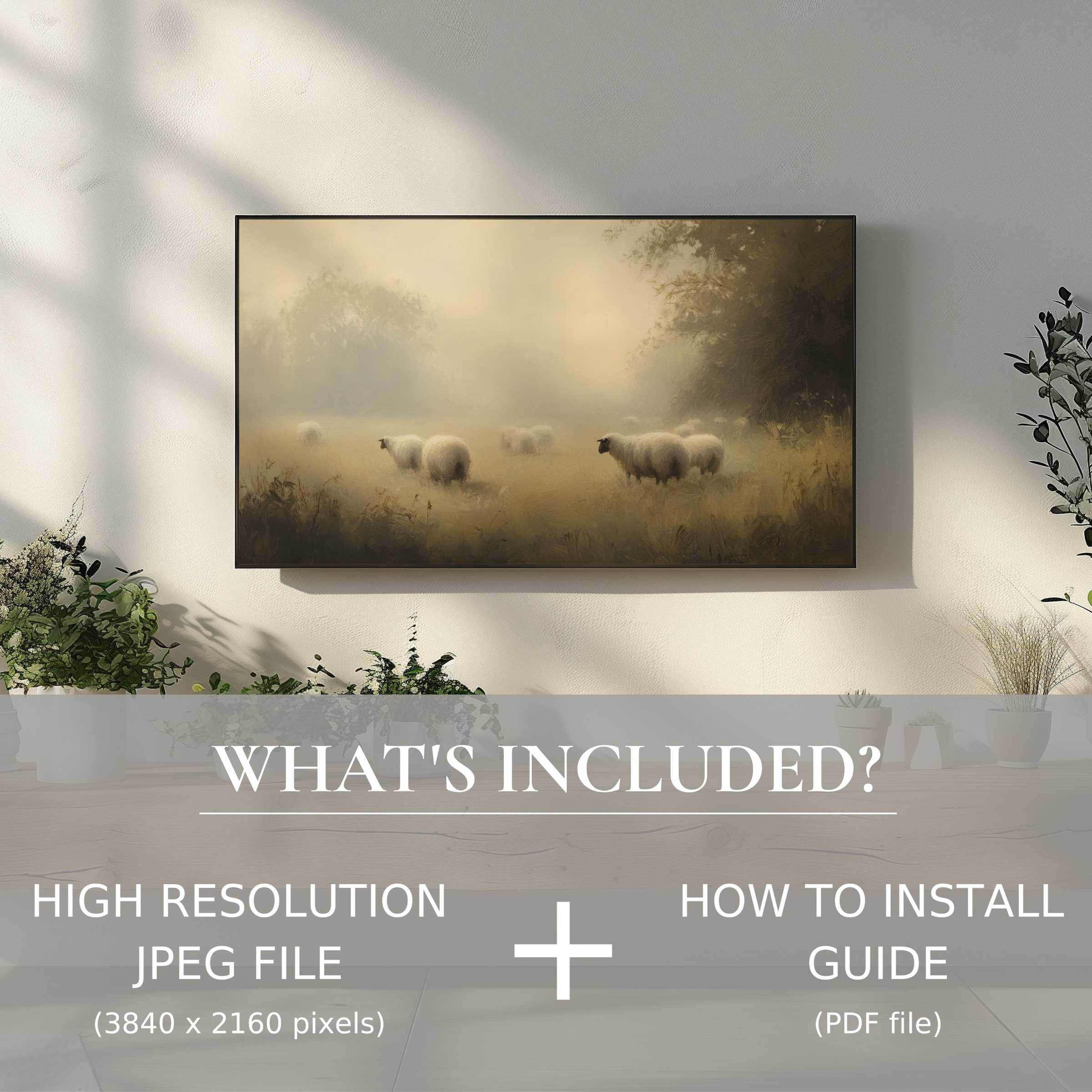 Elegant farmhouse digital TV art download featuring serene sheep scene, easy digital use elevates any living space with style