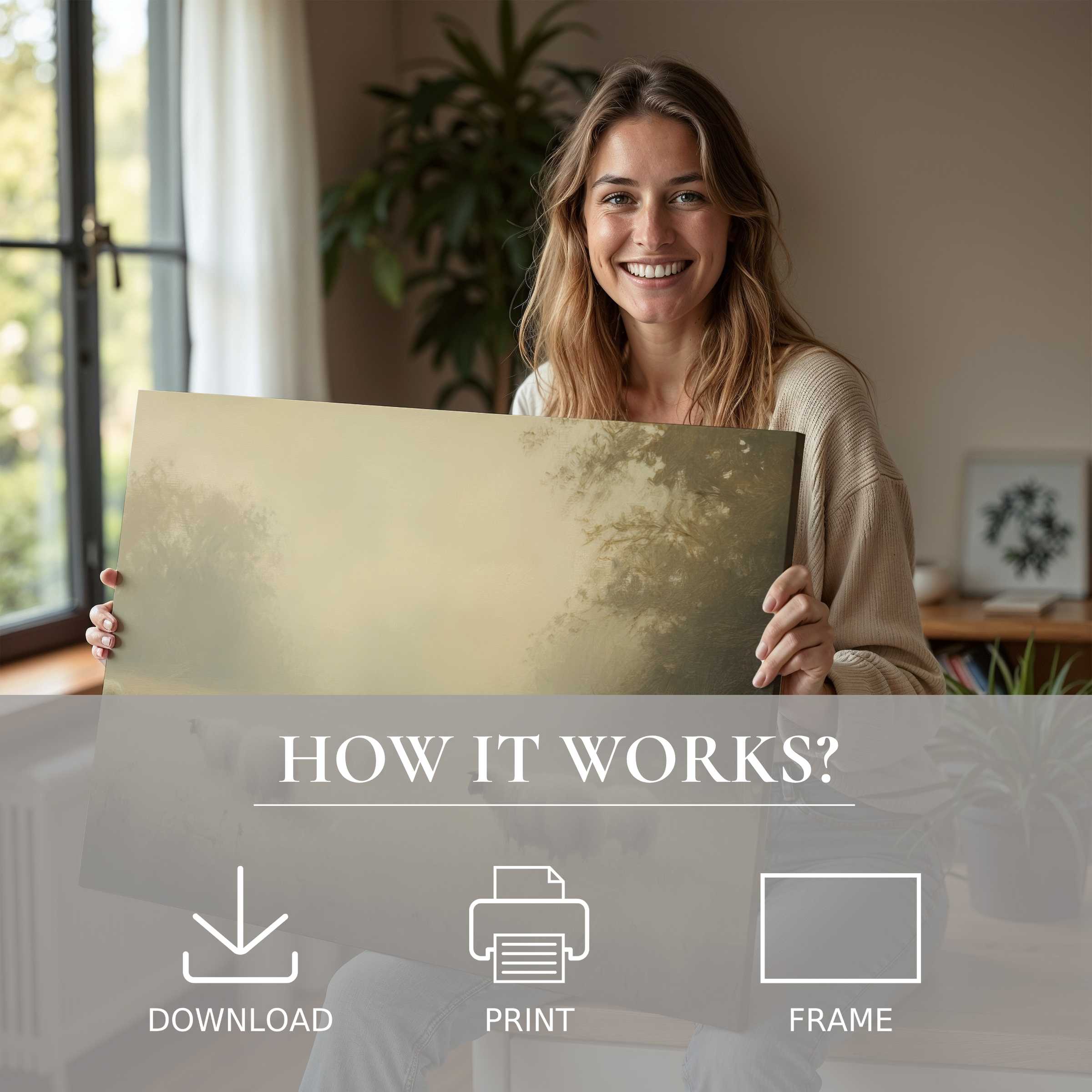 Radiant farmhouse digital art print embraced in a modern home, inspiring joy and effortless elegance in everyday living