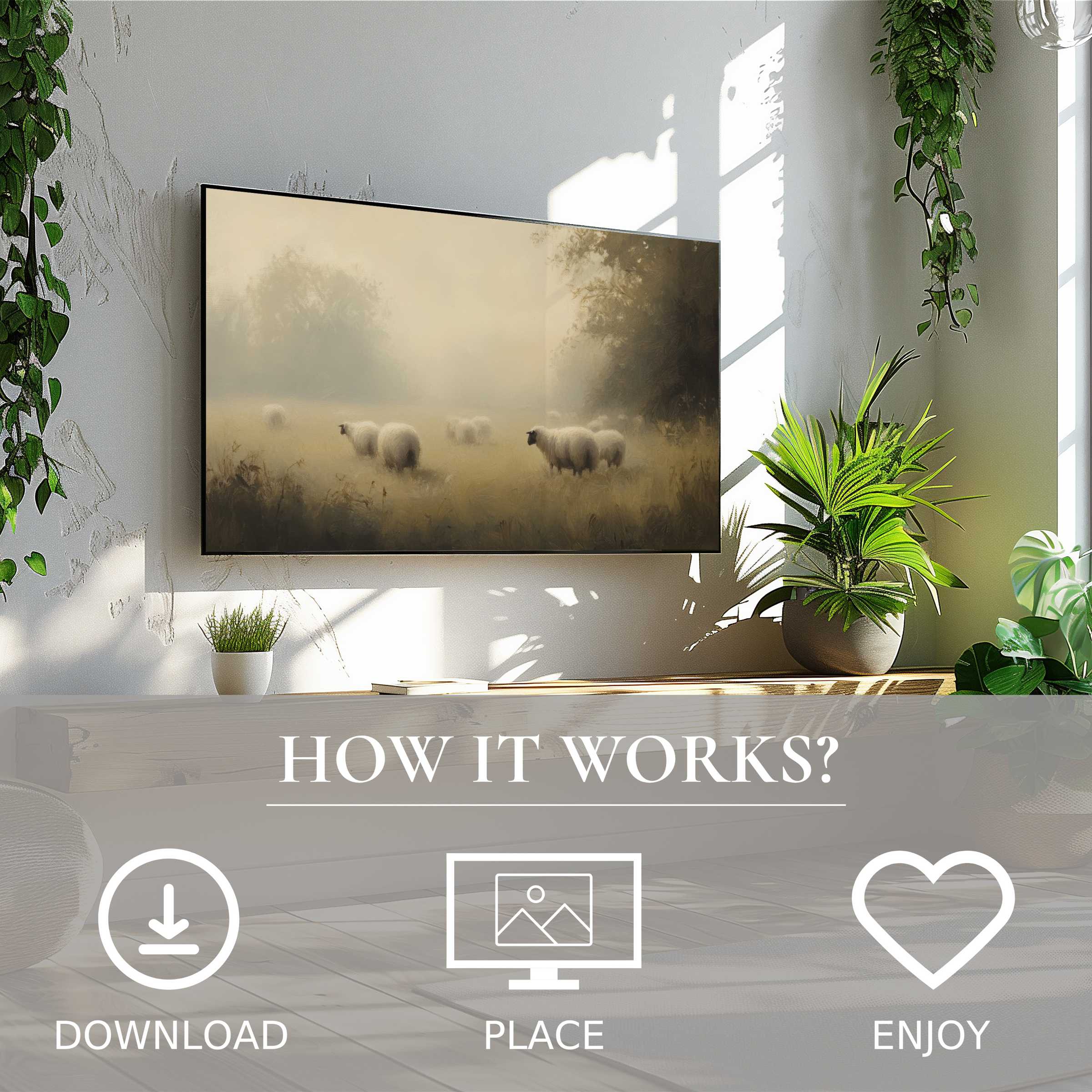 Farmhouse art for Samsung TV shows soft misty tones and sheep; easy digital download enriches your living space