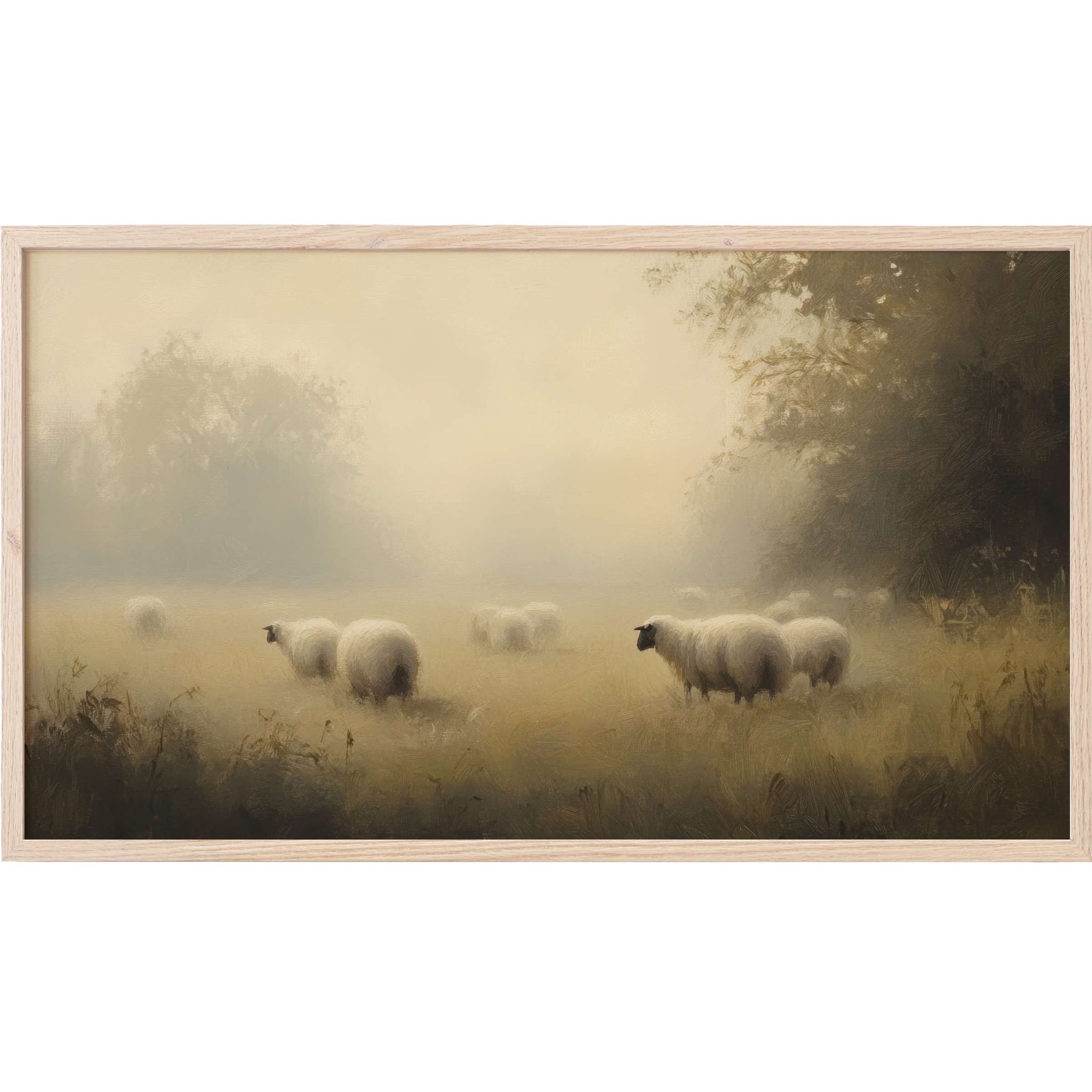 Farmhouse Frame TV Art of soft, misty landscape with sheep in muted earth tones for serene decor