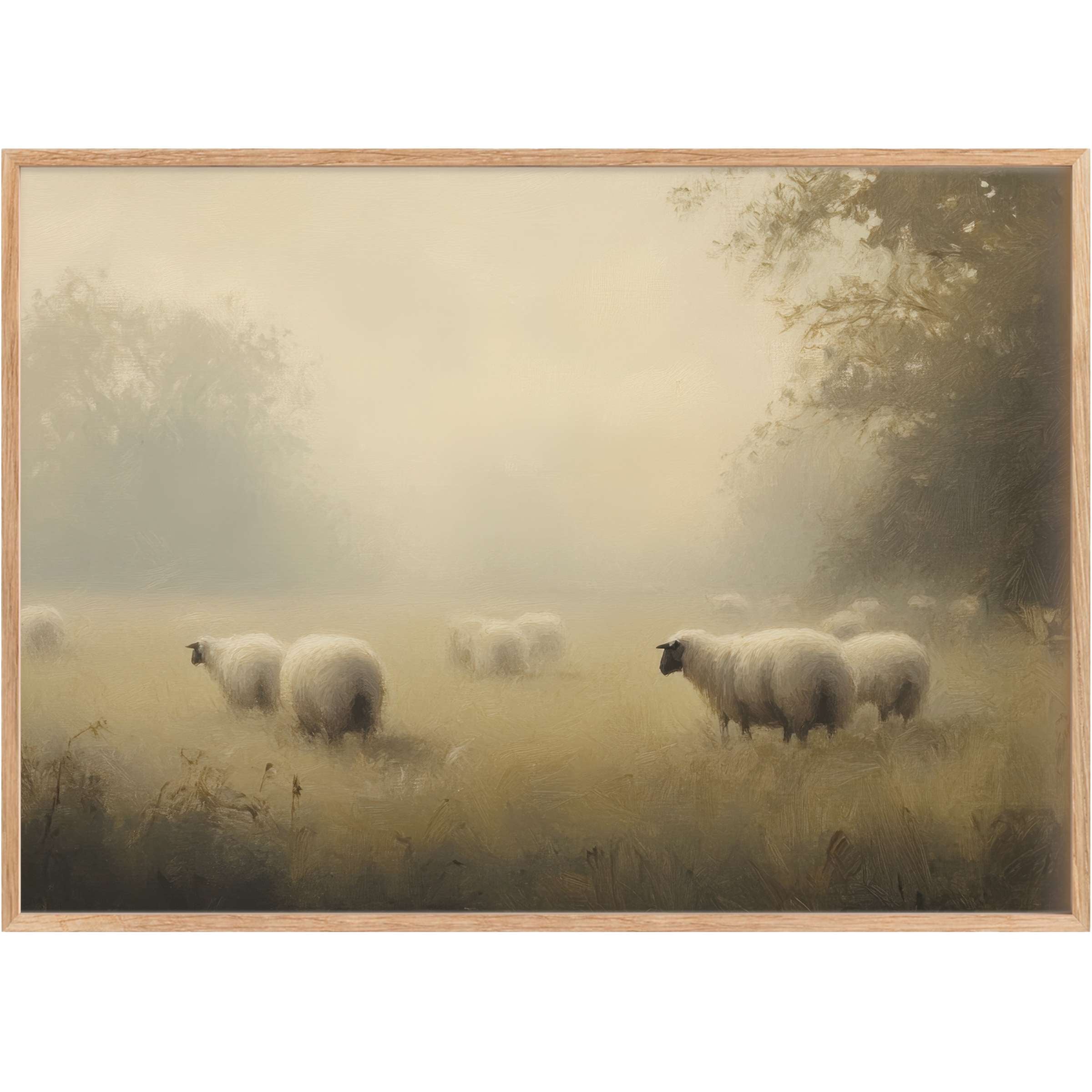 Softly glowing in muted creams and gentle earth tones, this farmhouse printable wall art evokes a serene, misty morning calm that enriches any refined rustic interior