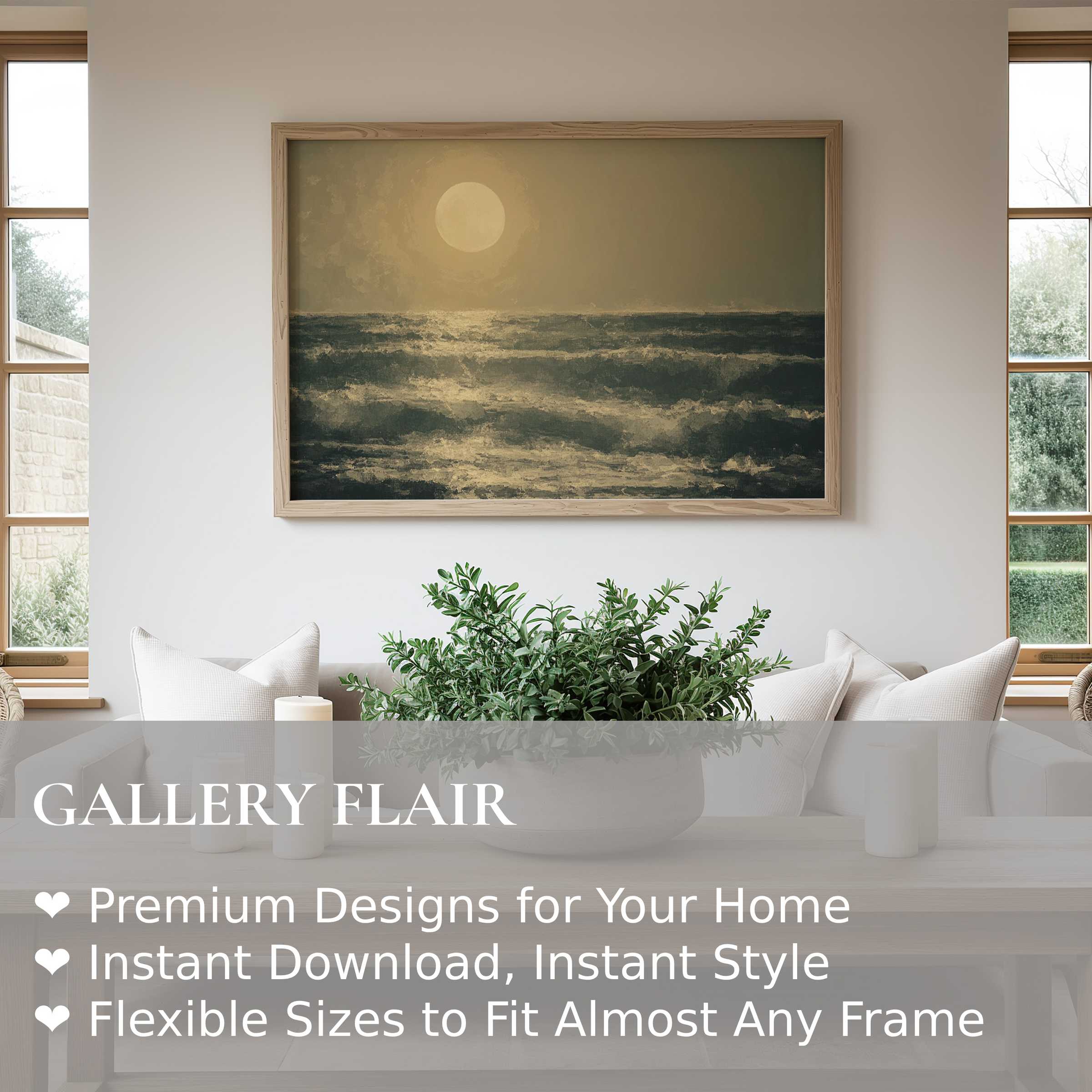 Vintage wall art print of a radiant moonlit ocean, evoking serene coastal charm in a modern, minimalist living space
