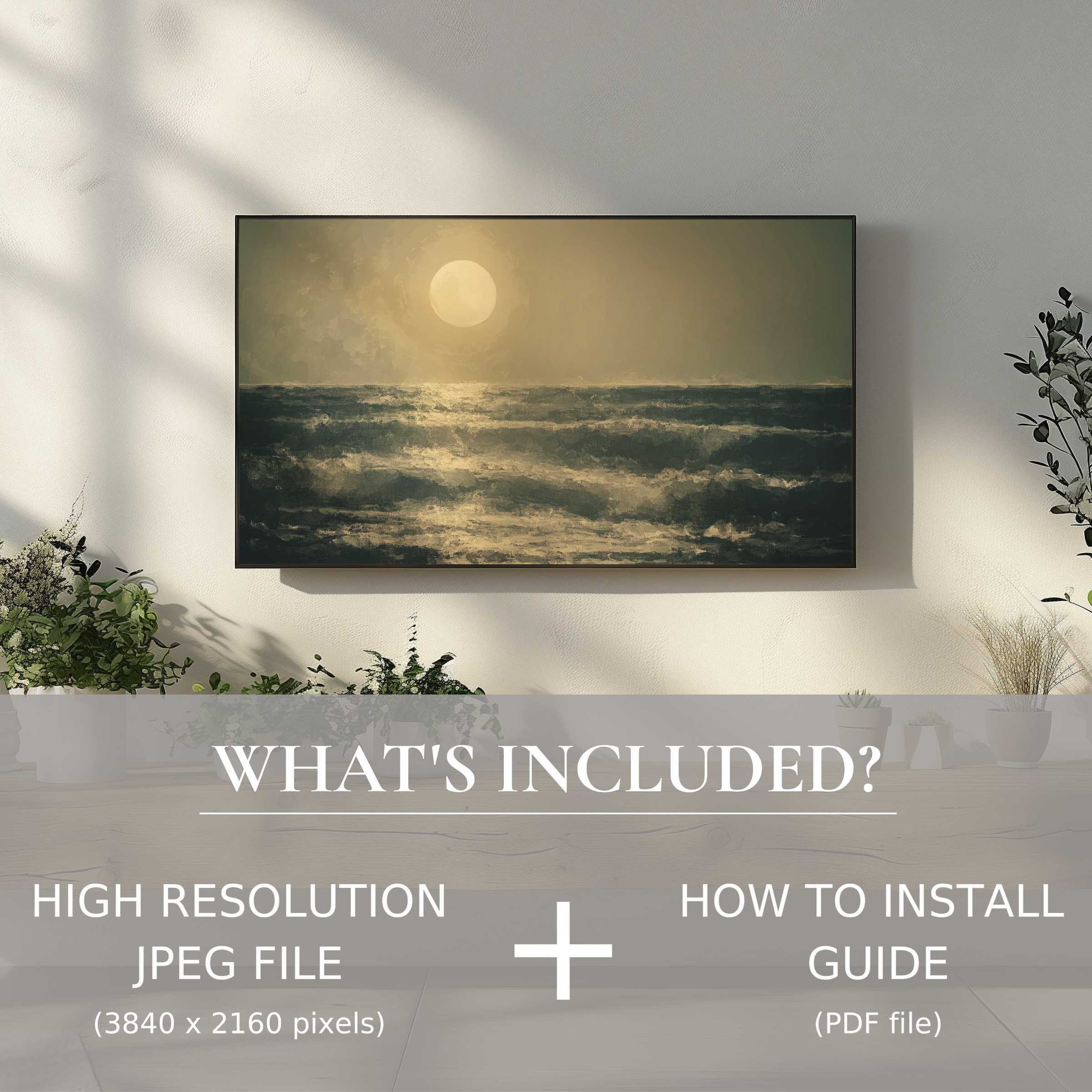 Elegant vintage digital TV art download enhances your space with easy digital use, featuring serene ocean sunset decor
