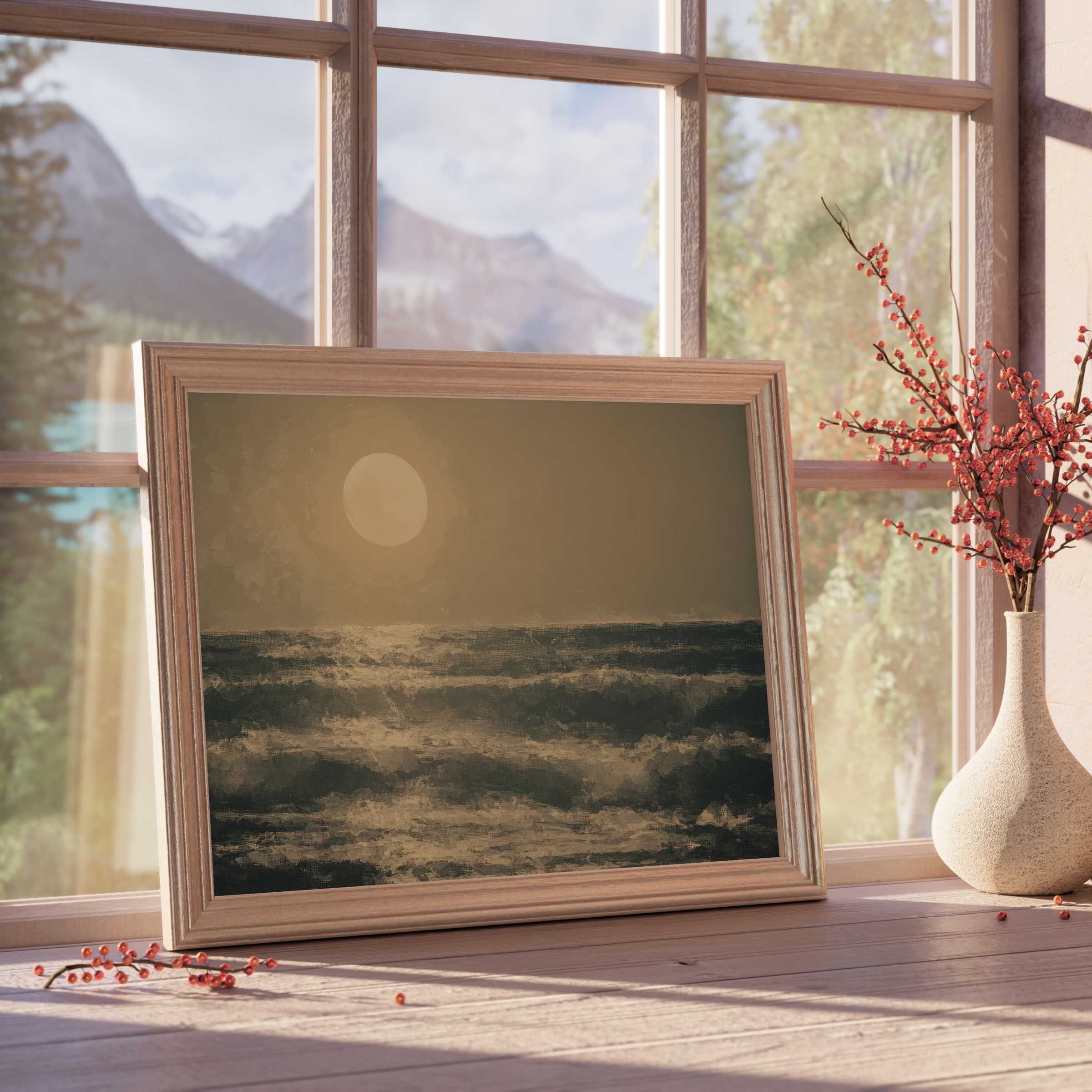 Vintage downloadable art capturing a tranquil moonlit sea, perfect for curated, serene luxury interiors with natural accents