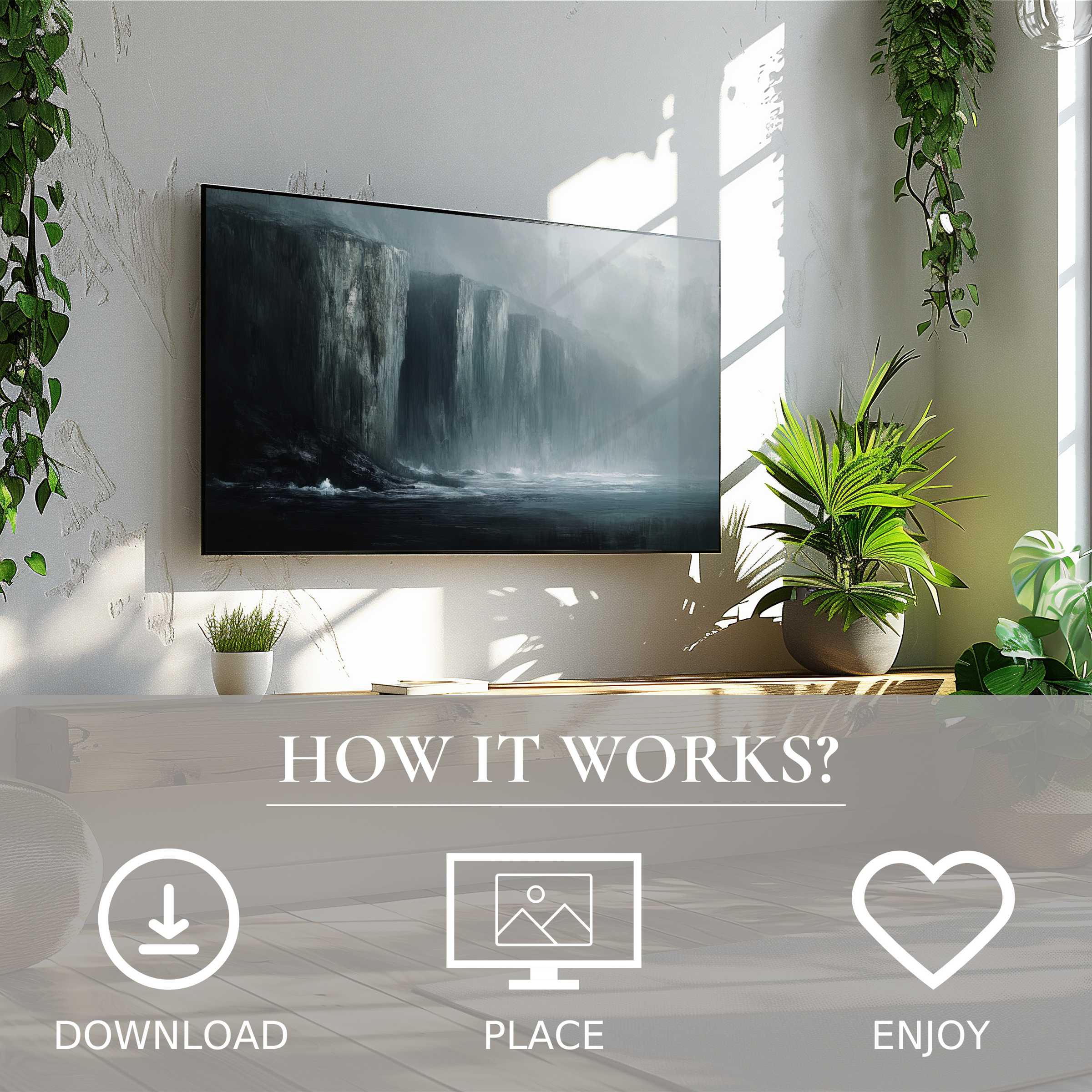 Modern living space with lush plants, featuring landscape art for Samsung TV in misty waterfall tones; easy digital download