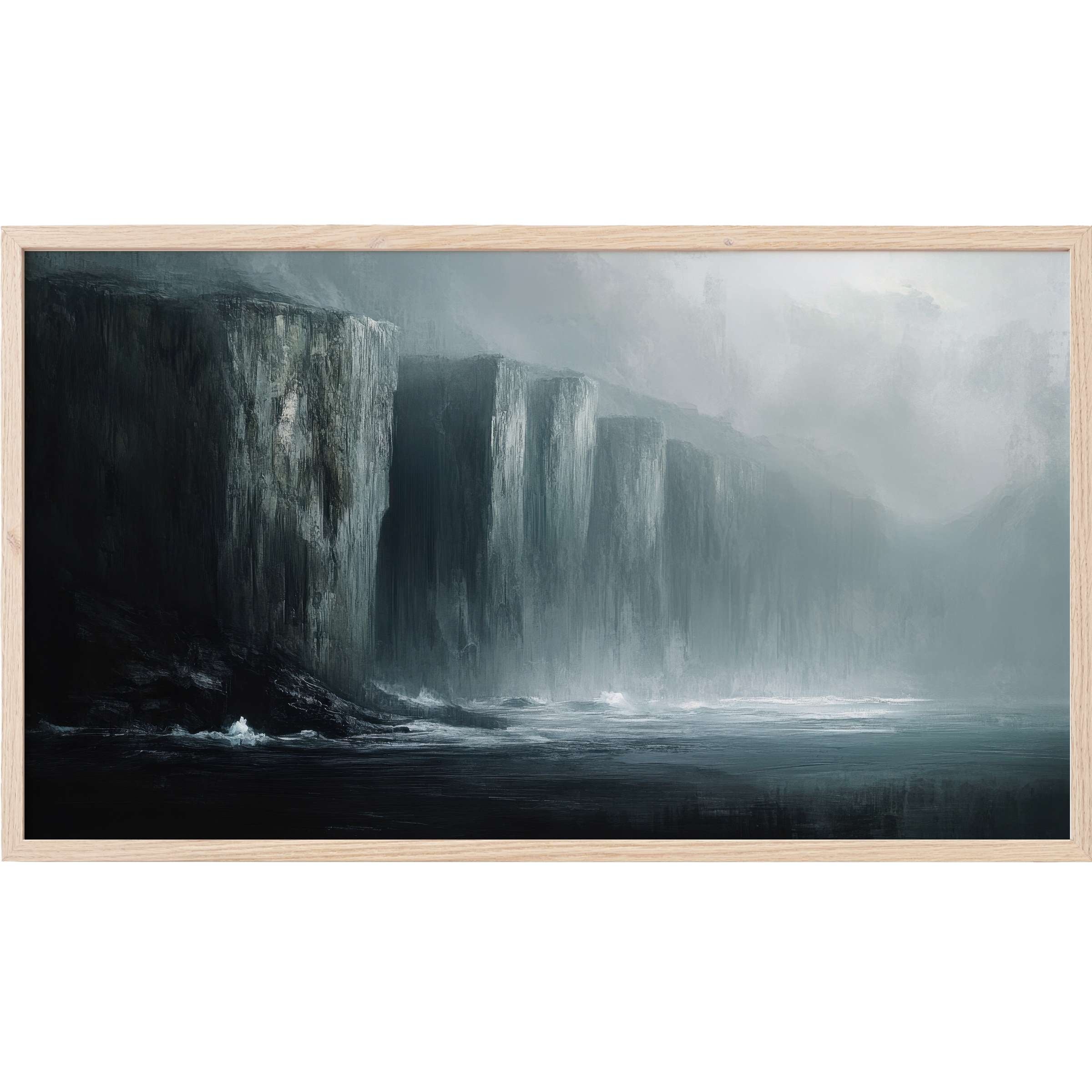 Moody seascape with towering cliffs in muted blues and grays, a serene and dramatic landscape Frame TV Art