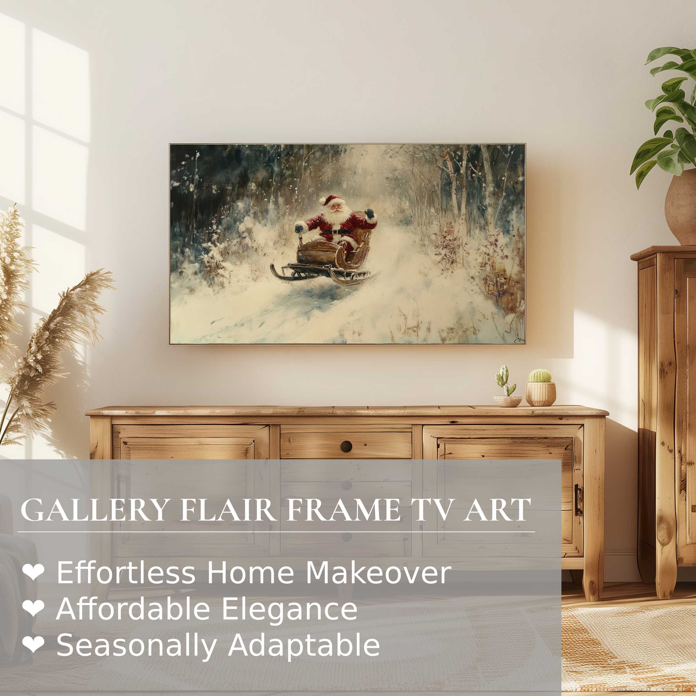 Samsung Frame TV showcasing refined christmas digital artwork, blending classic warmth with modern home elegance