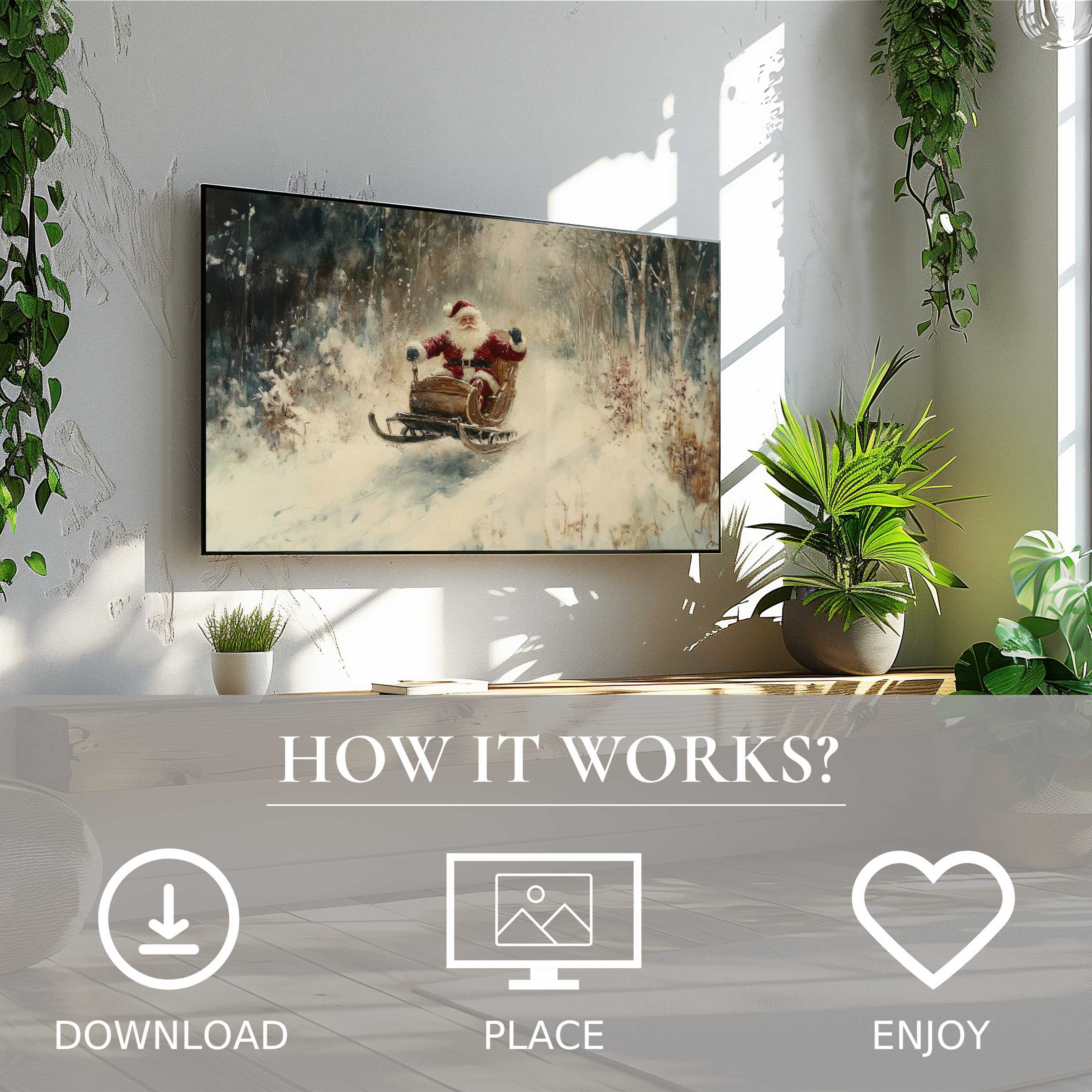 Modern living room with greenery and easy digital download Christmas art for Samsung TV shows snowy, festive color flow
