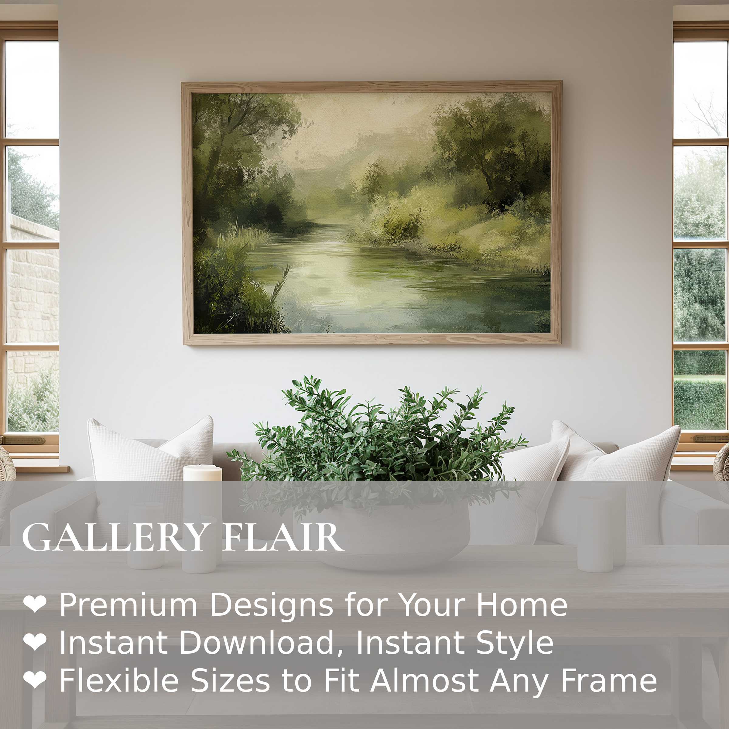 Spring wall art print capturing a serene riverside landscape with lush greenery, enhancing modern minimalist interiors with calming natural elegance