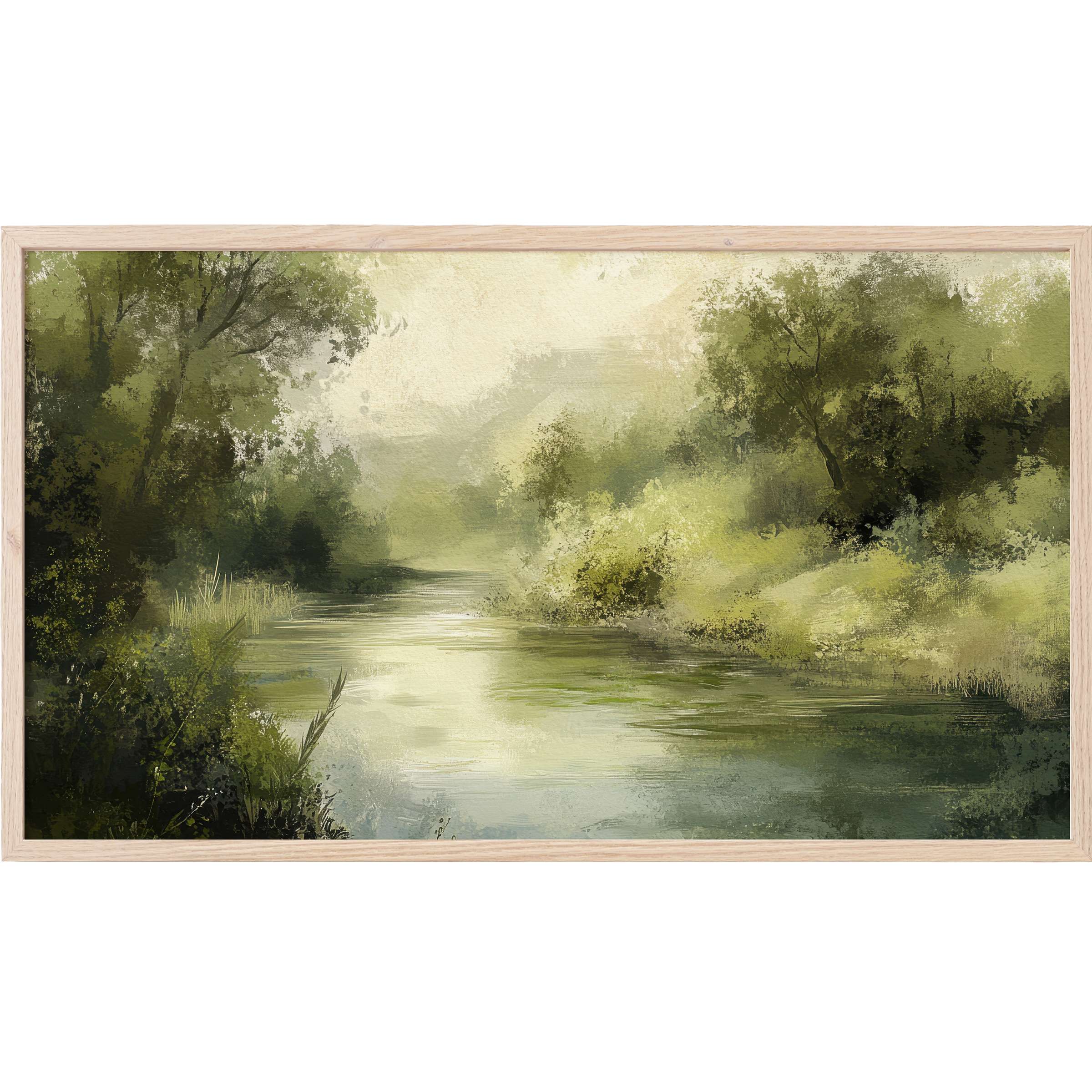 Tranquil river scene with lush green trees and soft light, rendered in painterly strokes for spring Frame TV Art