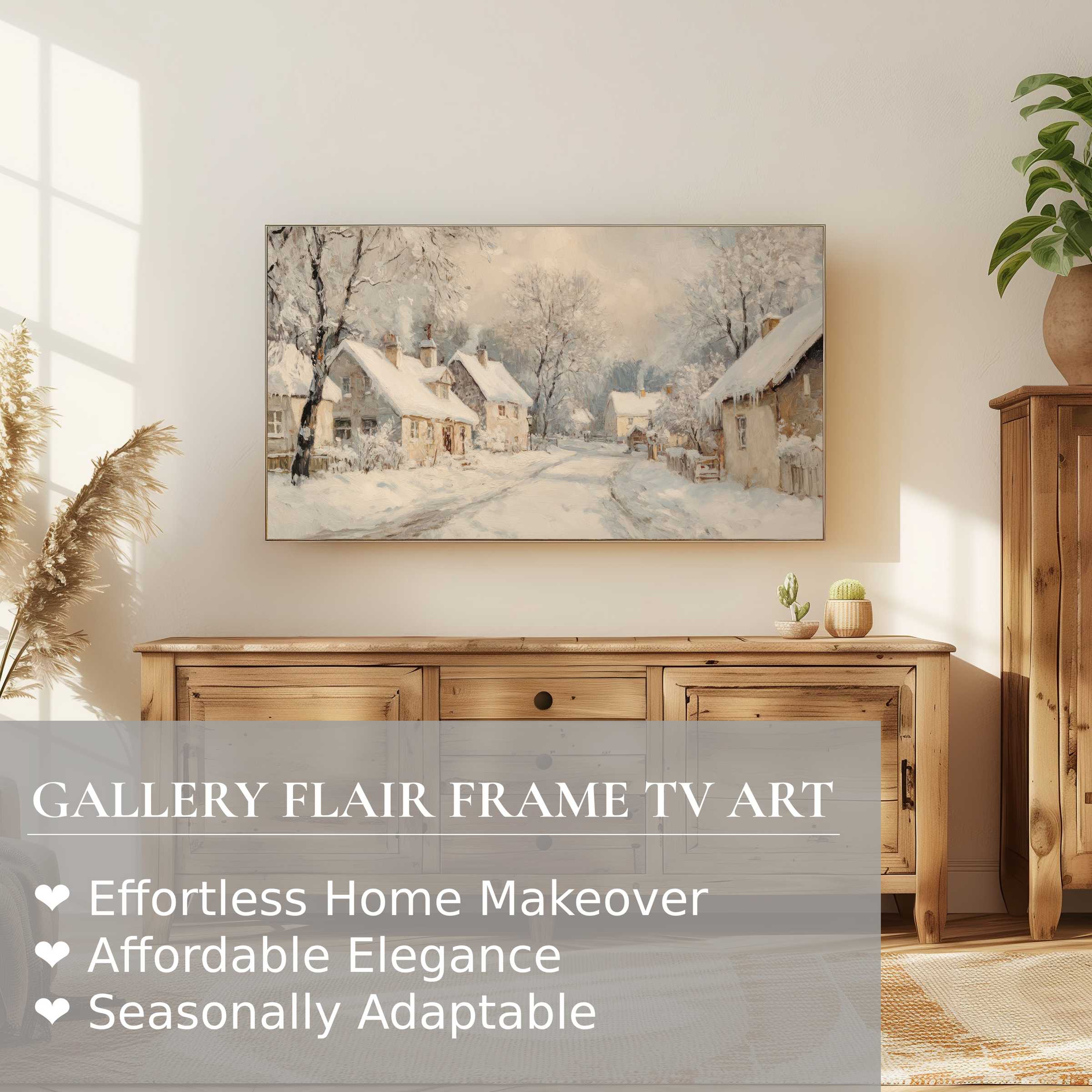 Samsung Frame TV displaying refined winter digital artwork in a cozy modern setting with natural wood accents