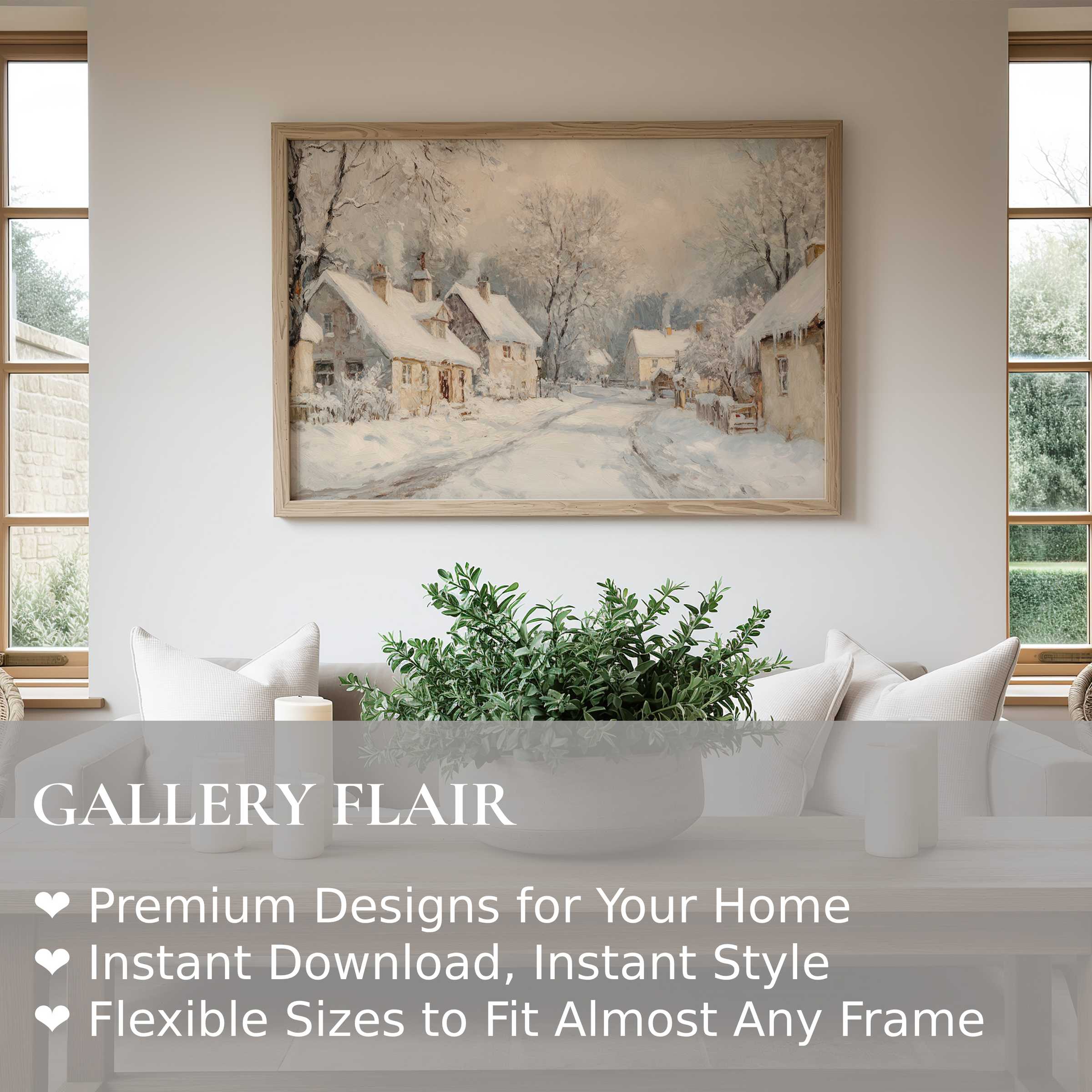 Winter wall art print capturing a serene snow-covered village, radiating soft, calming warmth in a minimalist, modern living space