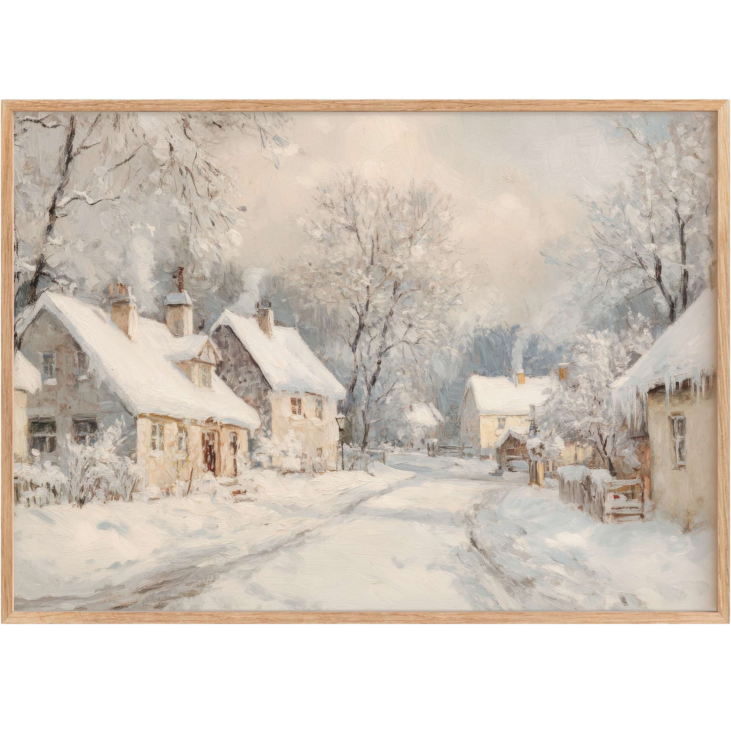 Serene winter printable wall art capturing a snow-blanketed village with soft greys and warm beige, evoking tranquil elegance