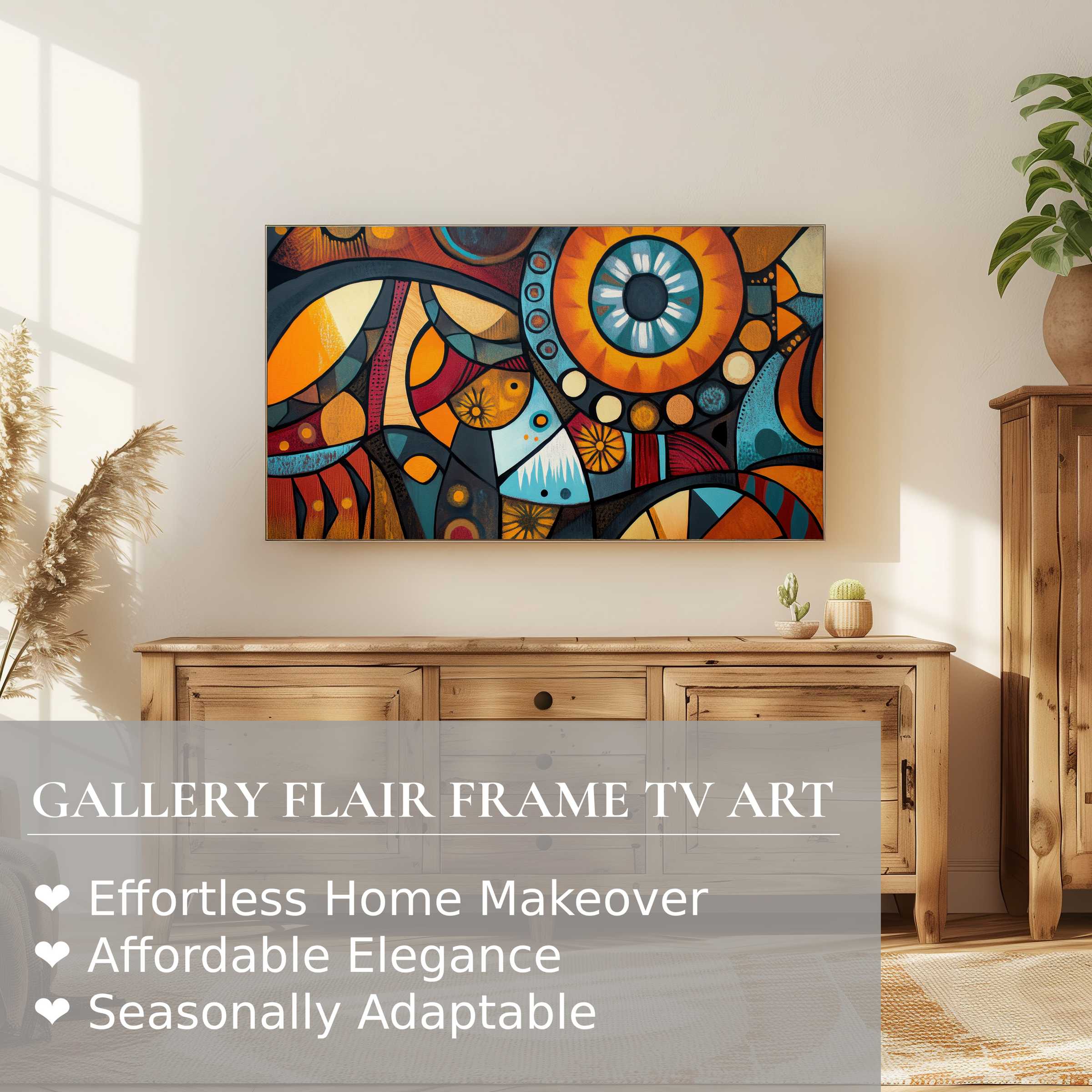 Samsung Frame TV showcases boho digital artwork in a sunlit, modern rustic setting with natural wood accents