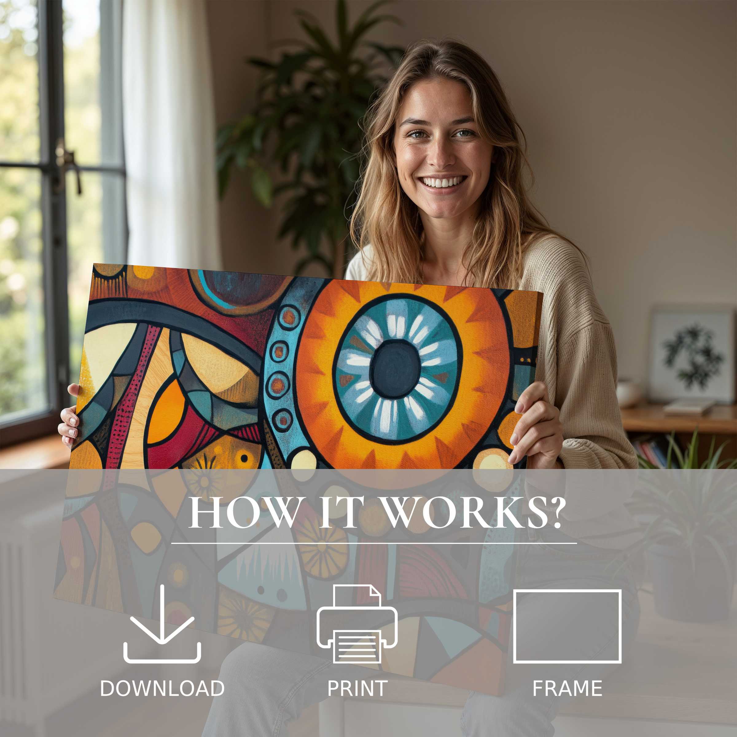 A radiant woman in a modern home shares the vibrant warmth of a boho digital art print, elevating everyday spaces with effortless, joyful elegance