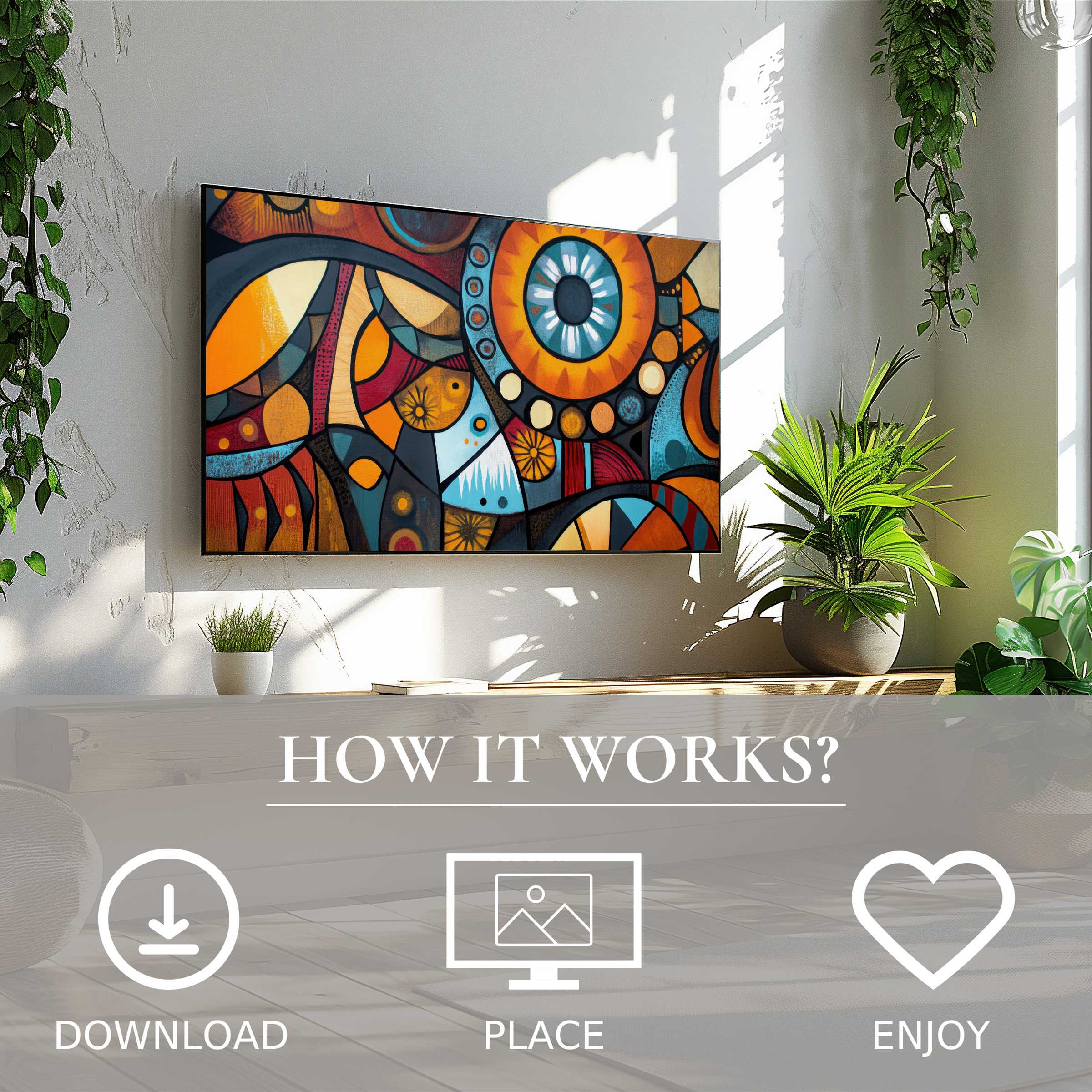Modern living room with boho art for Samsung TV; bold abstract motif in warm sunset tones, easy digital download