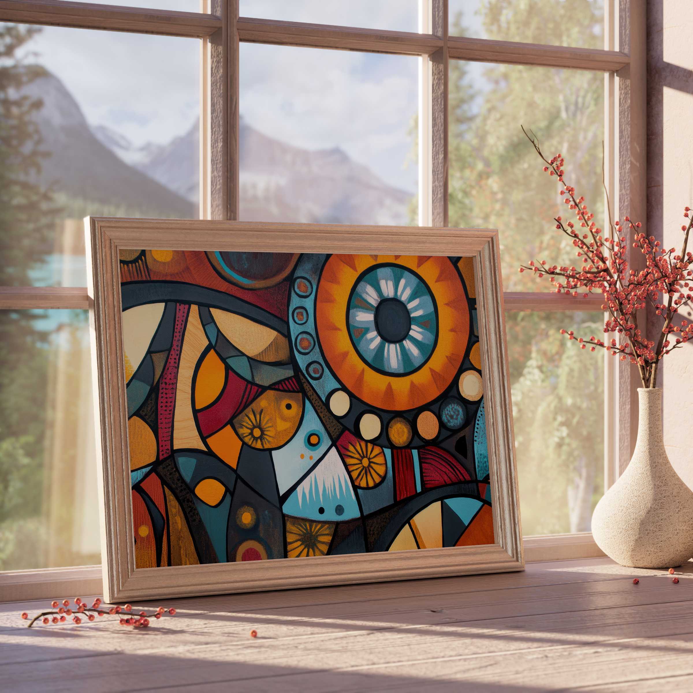 Boho downloadable art with vibrant abstract patterns, infusing warm, curated interiors with soulful, design-forward elegance and depth