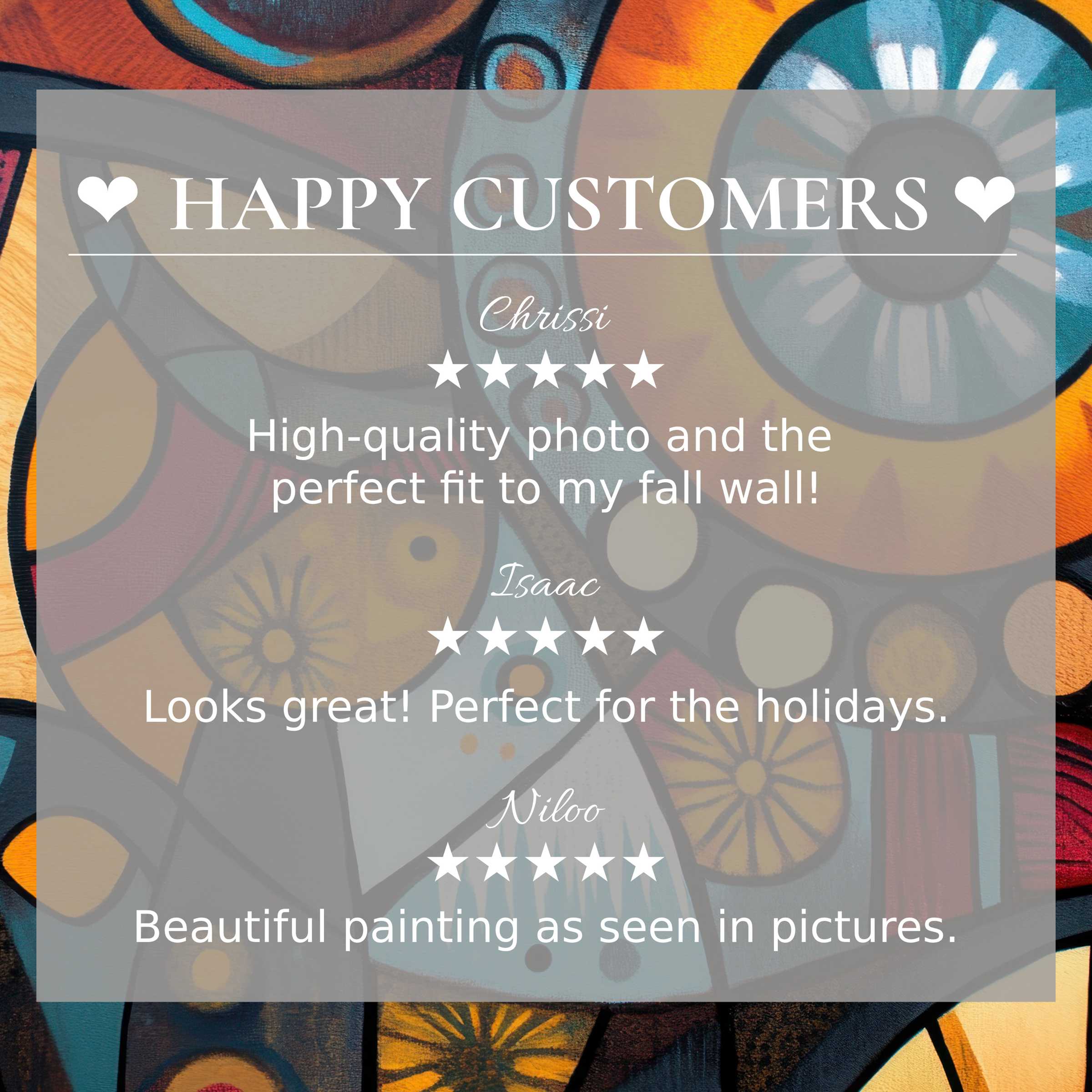 Boho art for Frame TV with abstract warm tones, showcasing happy customer reviews and elegant, trusting design