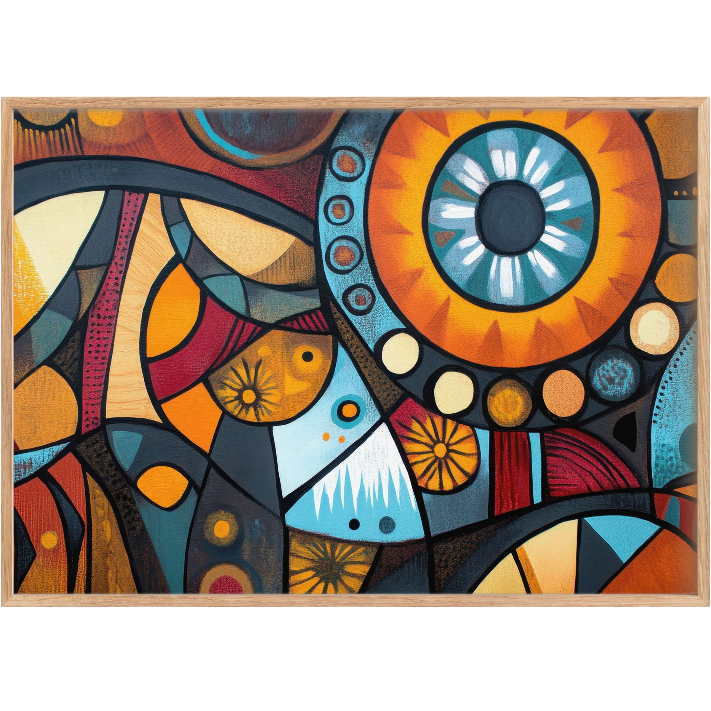 Vibrant boho printable wall art with warm oranges and cool blues, evoking an inspiring, radiant atmosphere for stylish living spaces