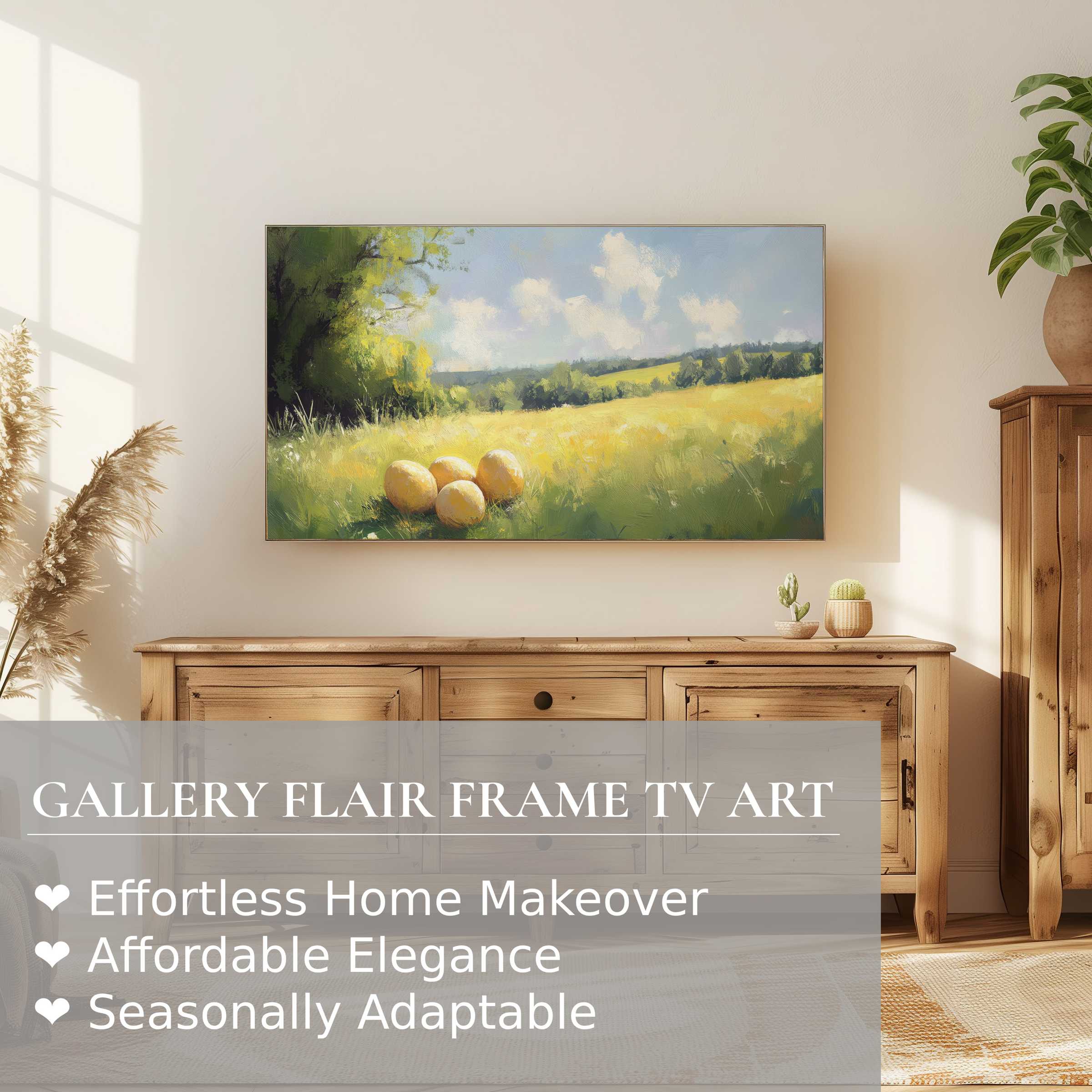Samsung Frame TV displays serene easter digital artwork of eggs in a sunlit meadow, perfect for refined home decor