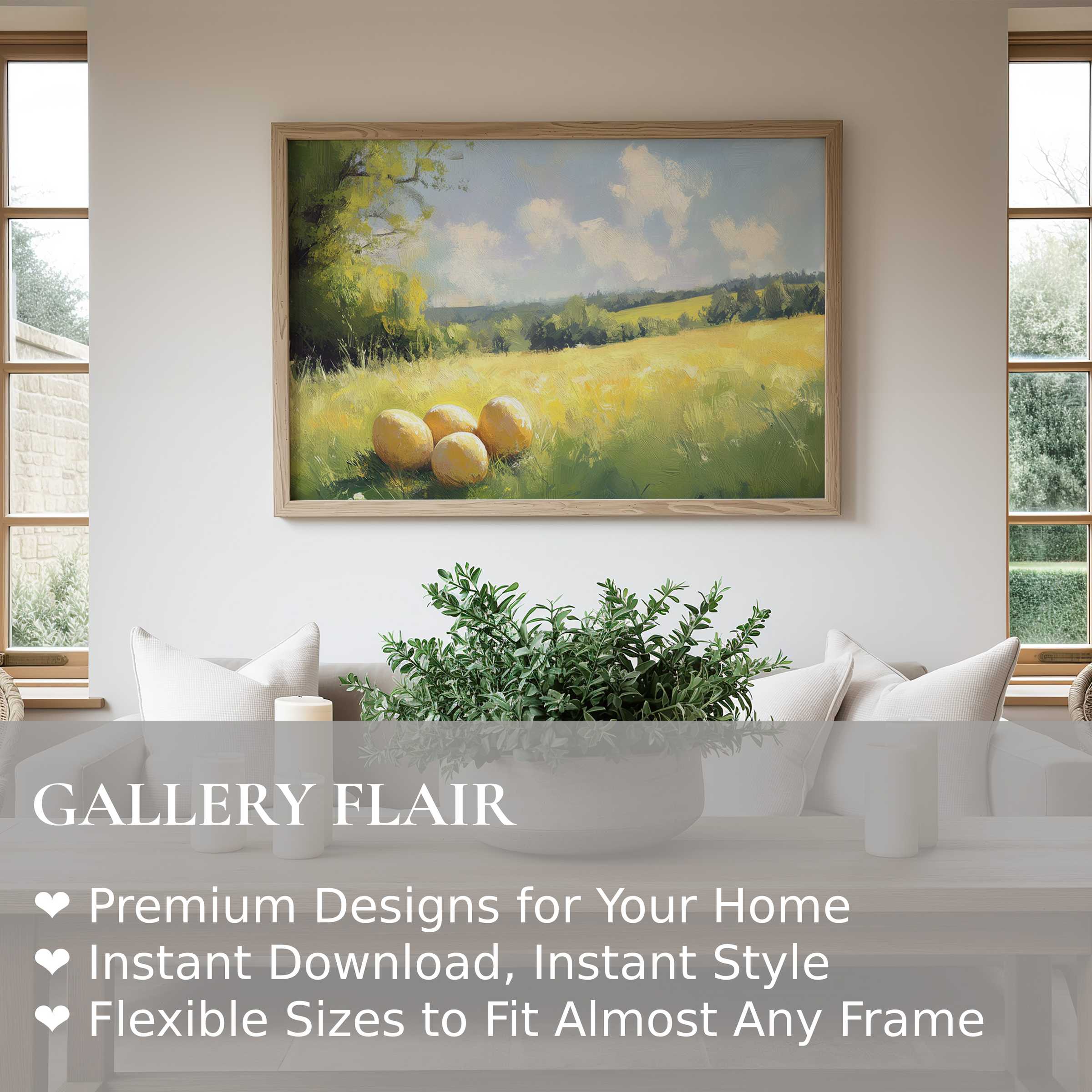 Easter wall art print with serene countryside scene and golden eggs, enhancing modern minimalist interiors with calm, radiant charm