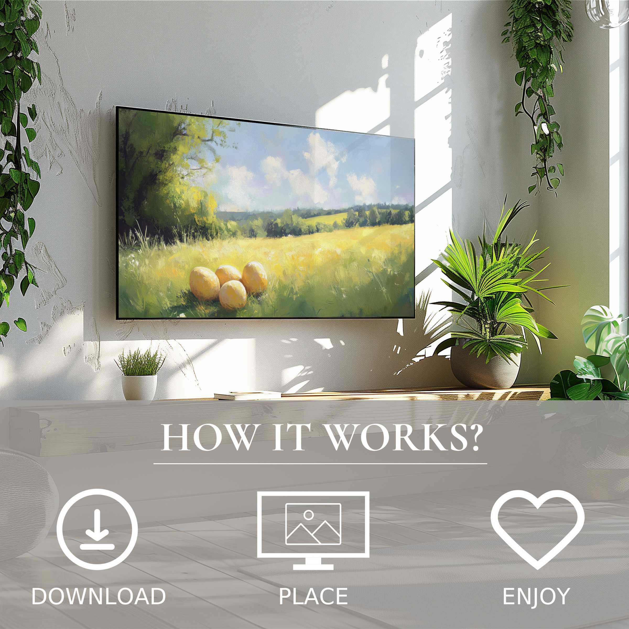Modern living room with easter art for Samsung TV showing soft golden fields and eggs, easy digital download enriches space