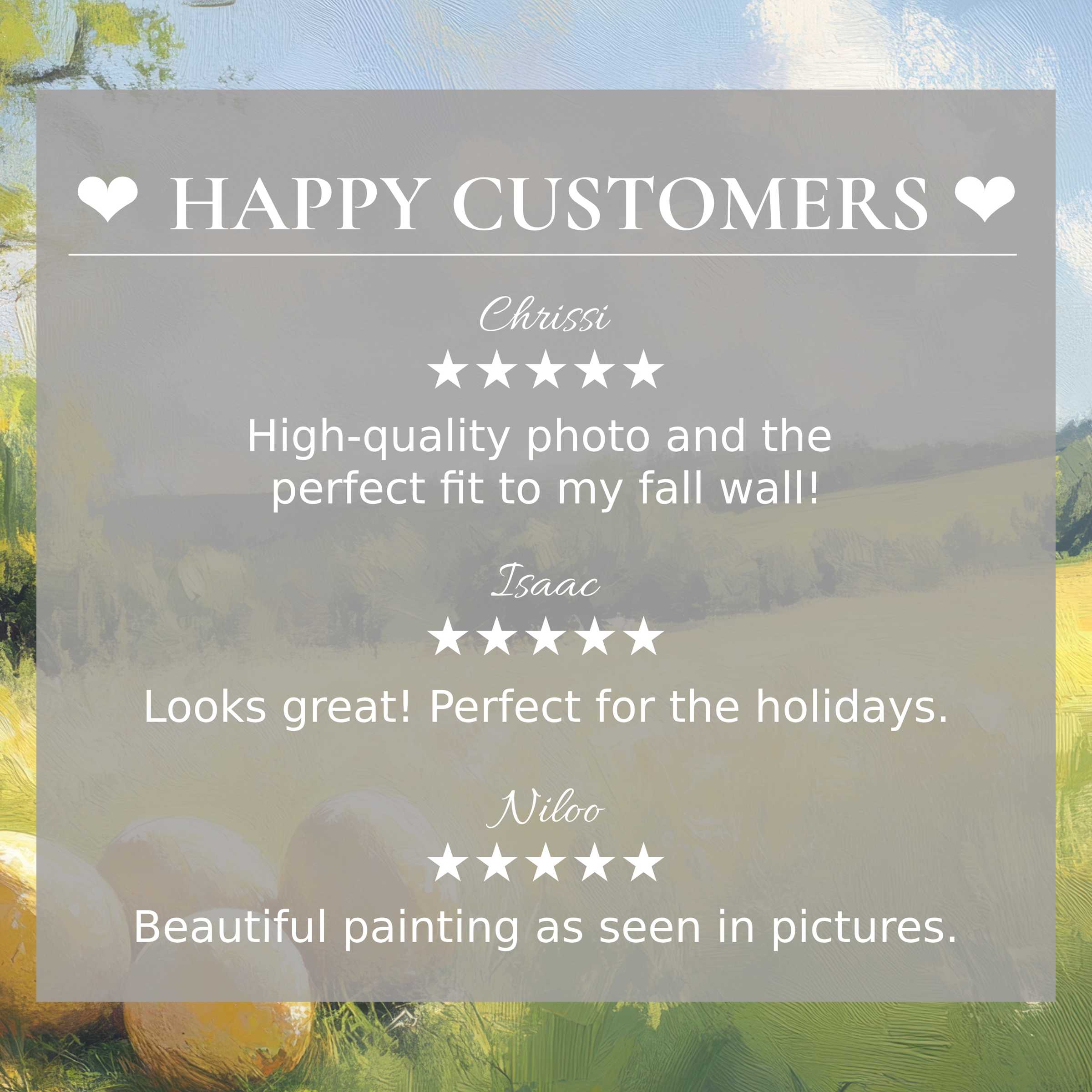 Elegant easter art for Frame TV with soft pastel meadow backdrop, showcasing happy customer reviews and trusted style